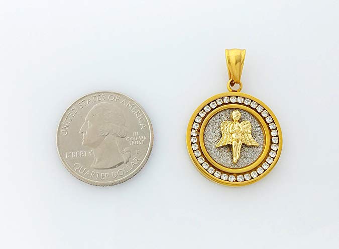 14K Gold Plated Angel Medallion Circular Pendant Necklace for Father's Day, featuring a link chain and lobster clasp.