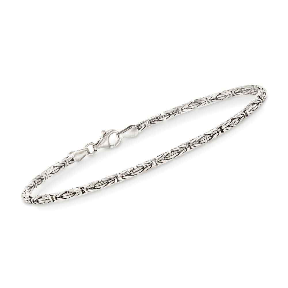 Thin Byzantine Chain Link Men's Bracelet in 14K white gold plating, featuring a lobster clasp and elegant design.