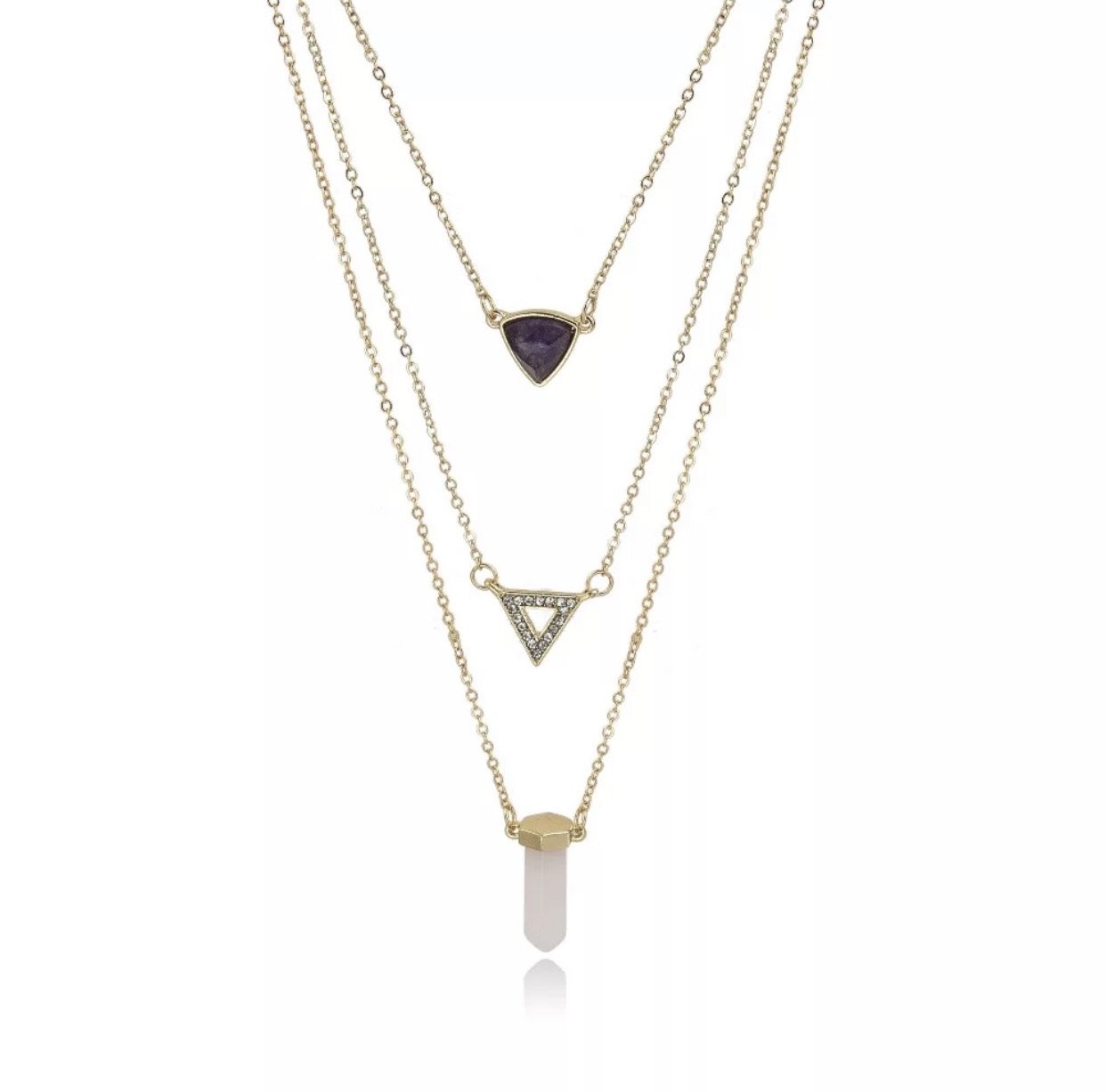 Felicity Layered Necklace featuring amethyst pendant and rose quartz point, elegantly layered in three strands.