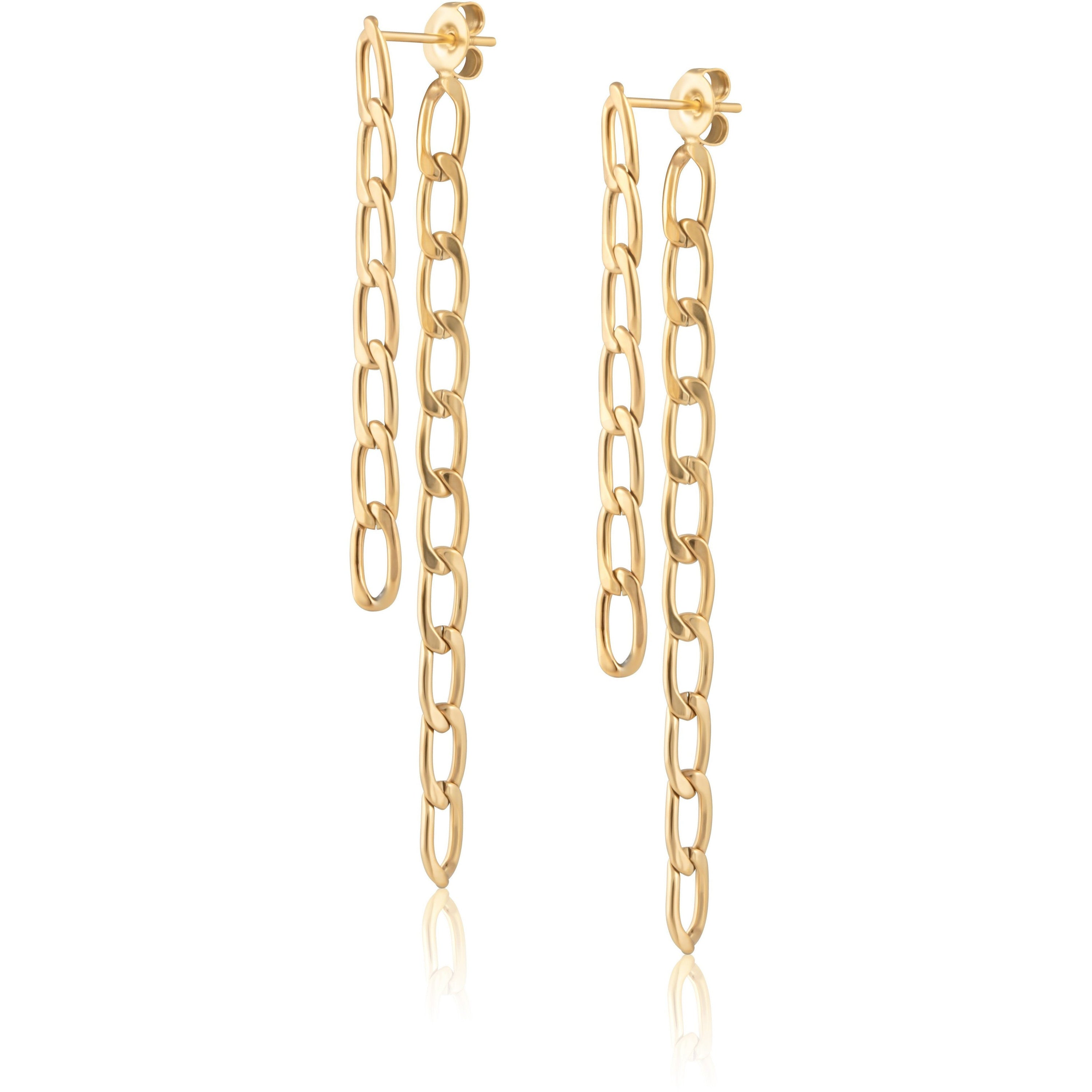 Fígaro Double Chain Earrings featuring a daring double chain design in 18k gold plating, perfect for stylish accessorizing.