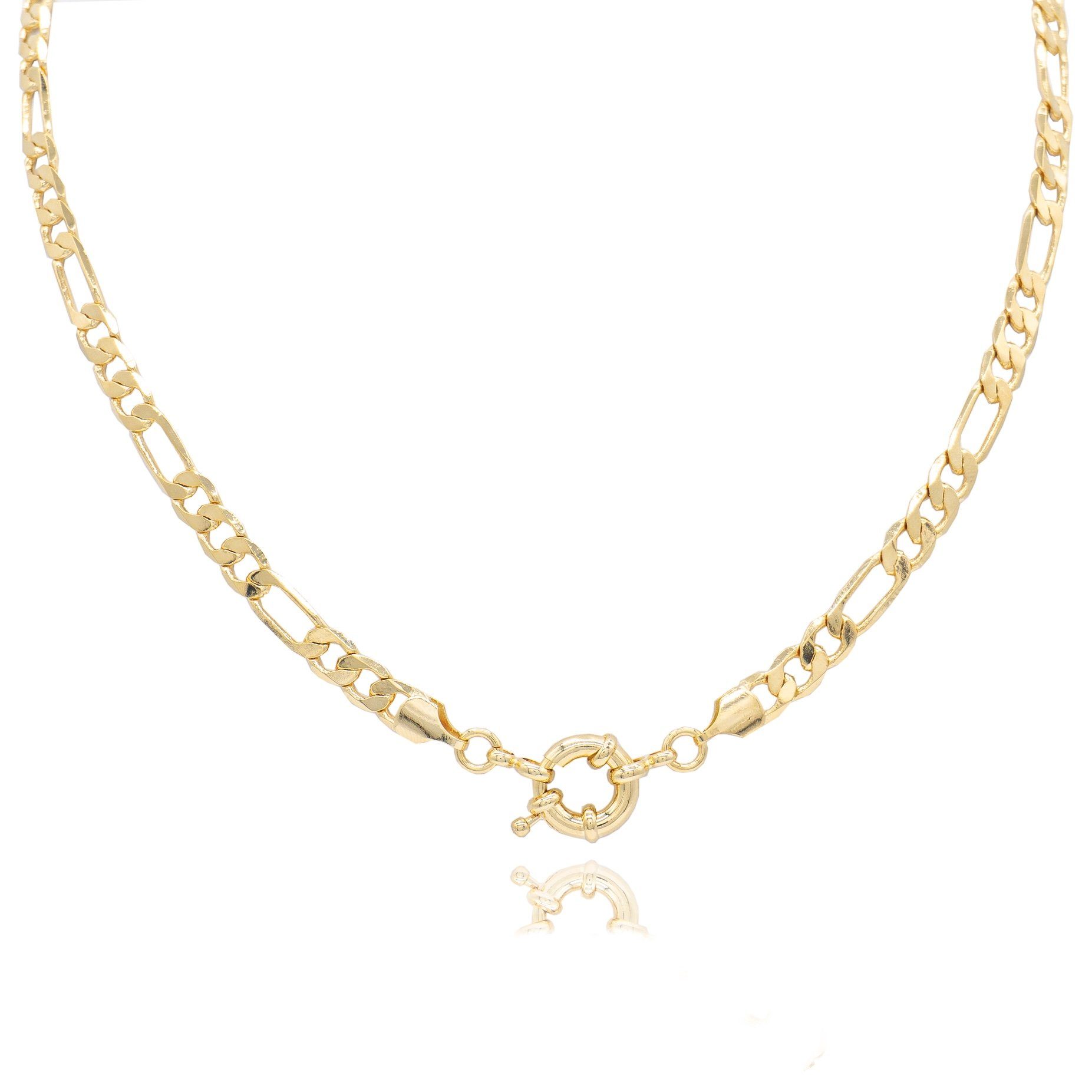 A beautiful 16-inch Figaro chain necklace made from Brazilian gold-filled material, showcasing alternating short and long links.
