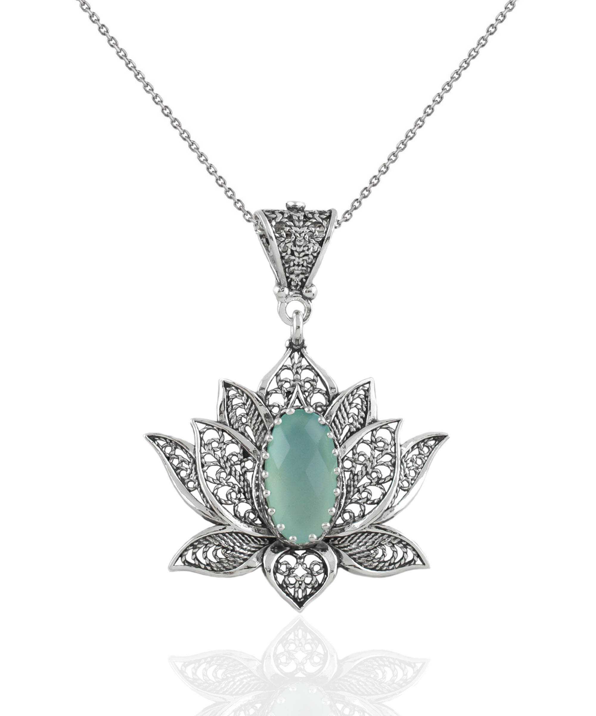 Aqua Chalcedony Lotus Flower Necklace in 925 Sterling Silver with intricate filigree design, displayed elegantly in a gift box.
