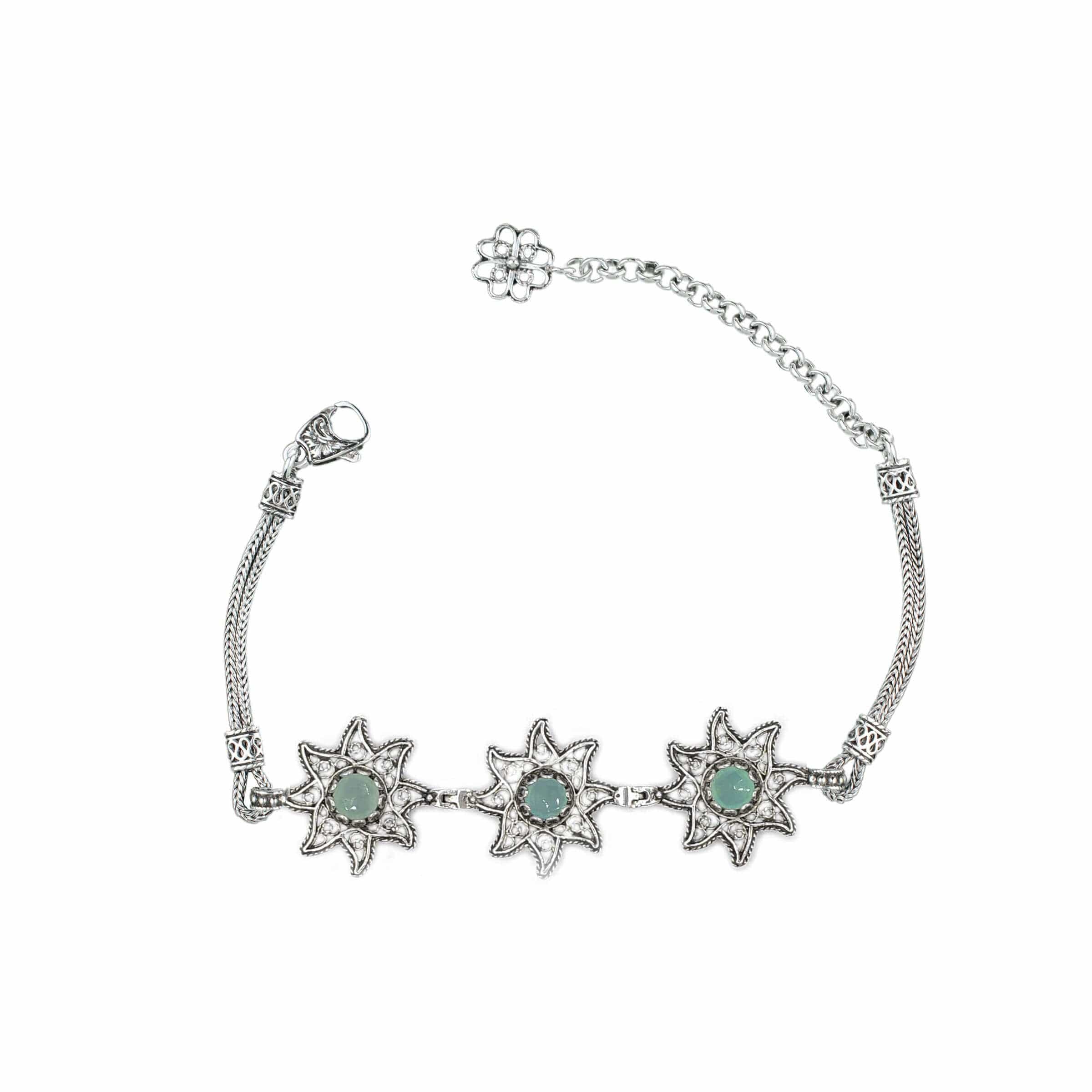 Aqua Chalcedony Gemstone Star Figured Women Silver Link Bracelet featuring intricate filigree design and sparkling gemstones.