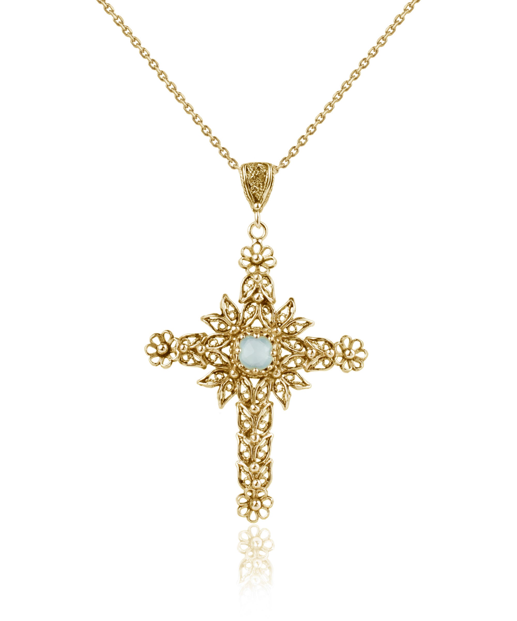 Gold plated silver filigree cross pendant featuring Aqua Blue Chalcedony gemstone, showcasing intricate craftsmanship and elegant design.