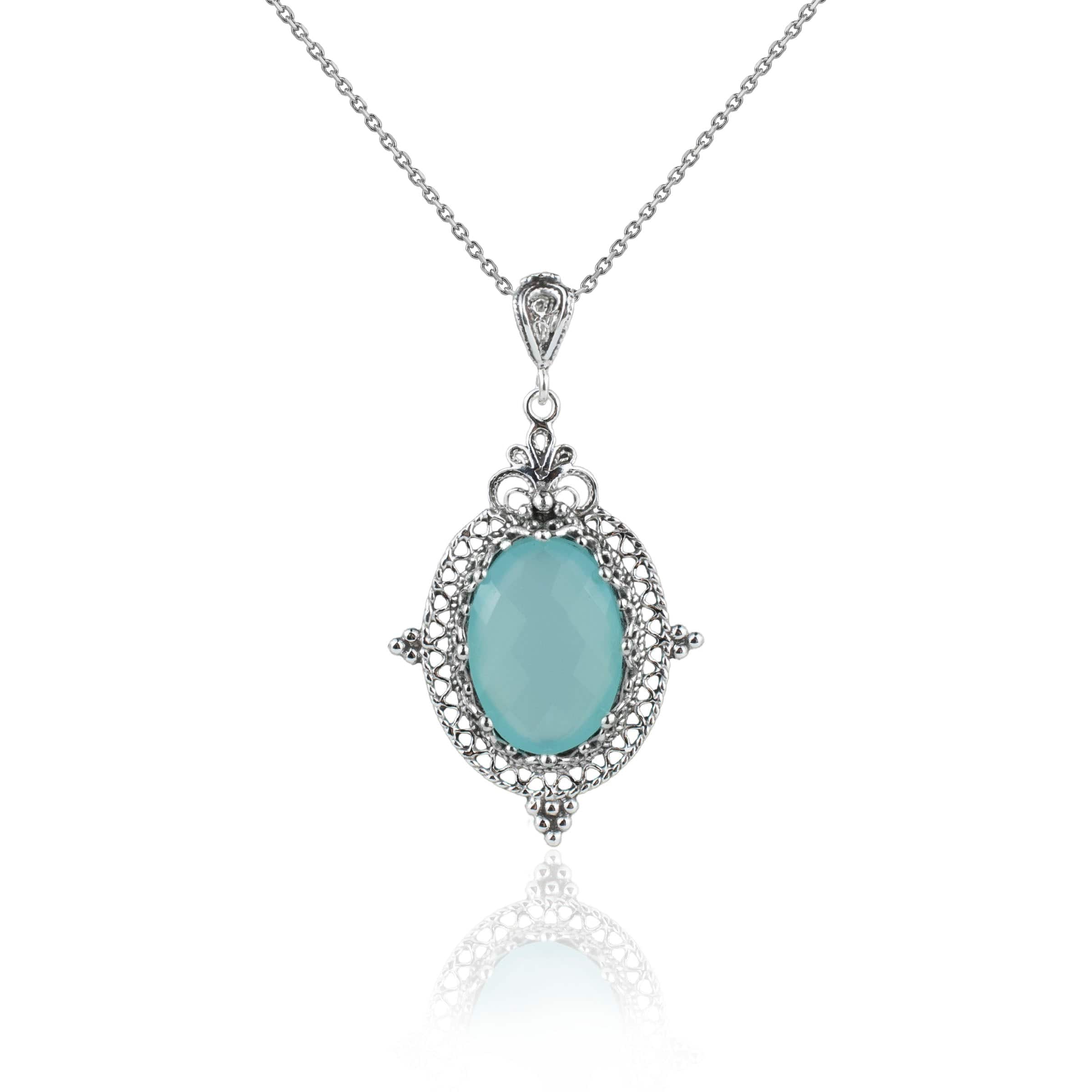 Elegant silver oval pendant featuring Aqua Chalcedony gemstone with intricate filigree design, perfect for women.