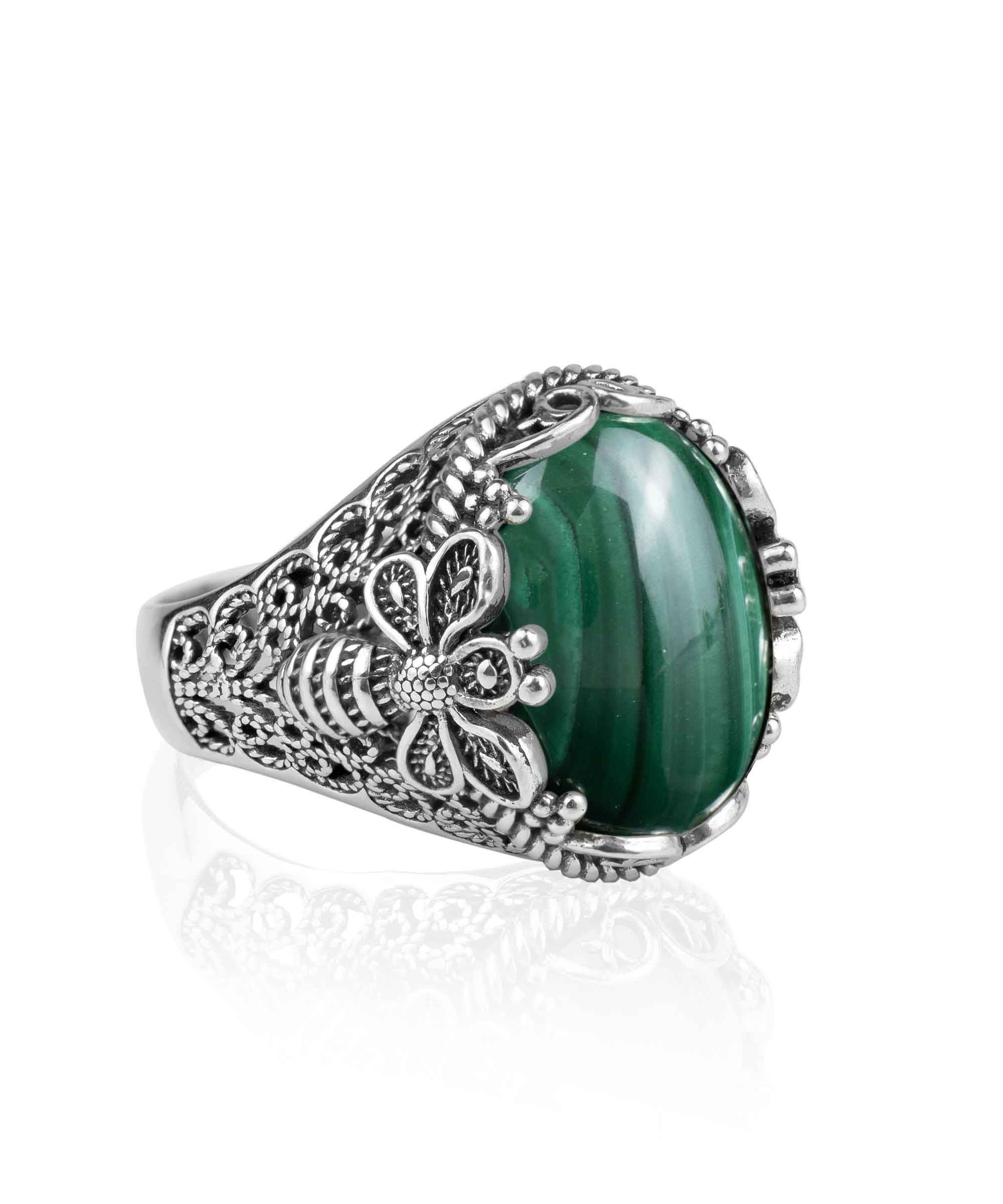 Elegant 925 Sterling Silver ring featuring a detailed filigree art bee design and a vibrant natural malachite gemstone.