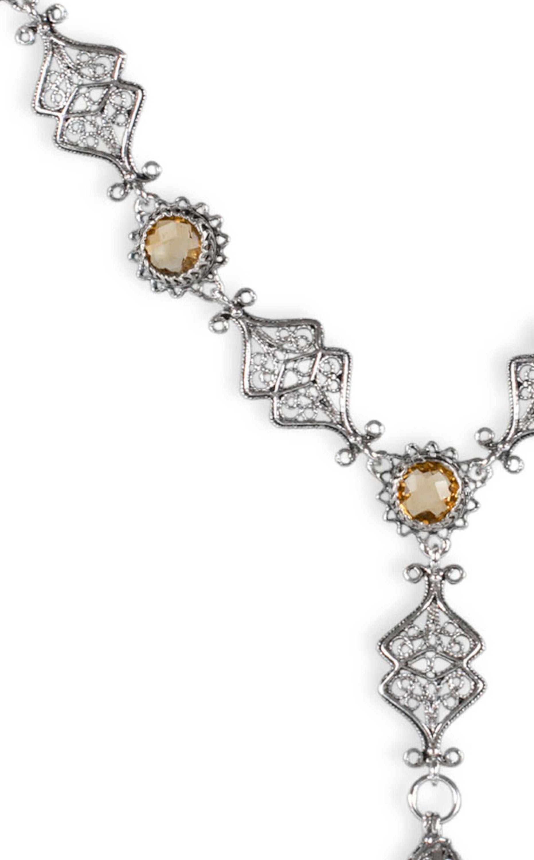 Elegant Filigree Art Necklace featuring Black Onyx, Citrine, and Prasiolite gemstones set in sterling silver with a tassel design.