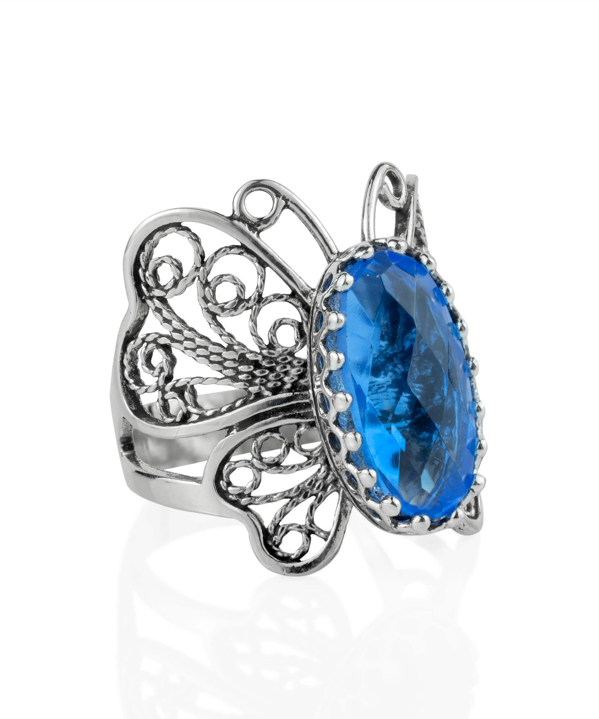 Sterling silver butterfly ring featuring a blue quartz gemstone with intricate filigree design.