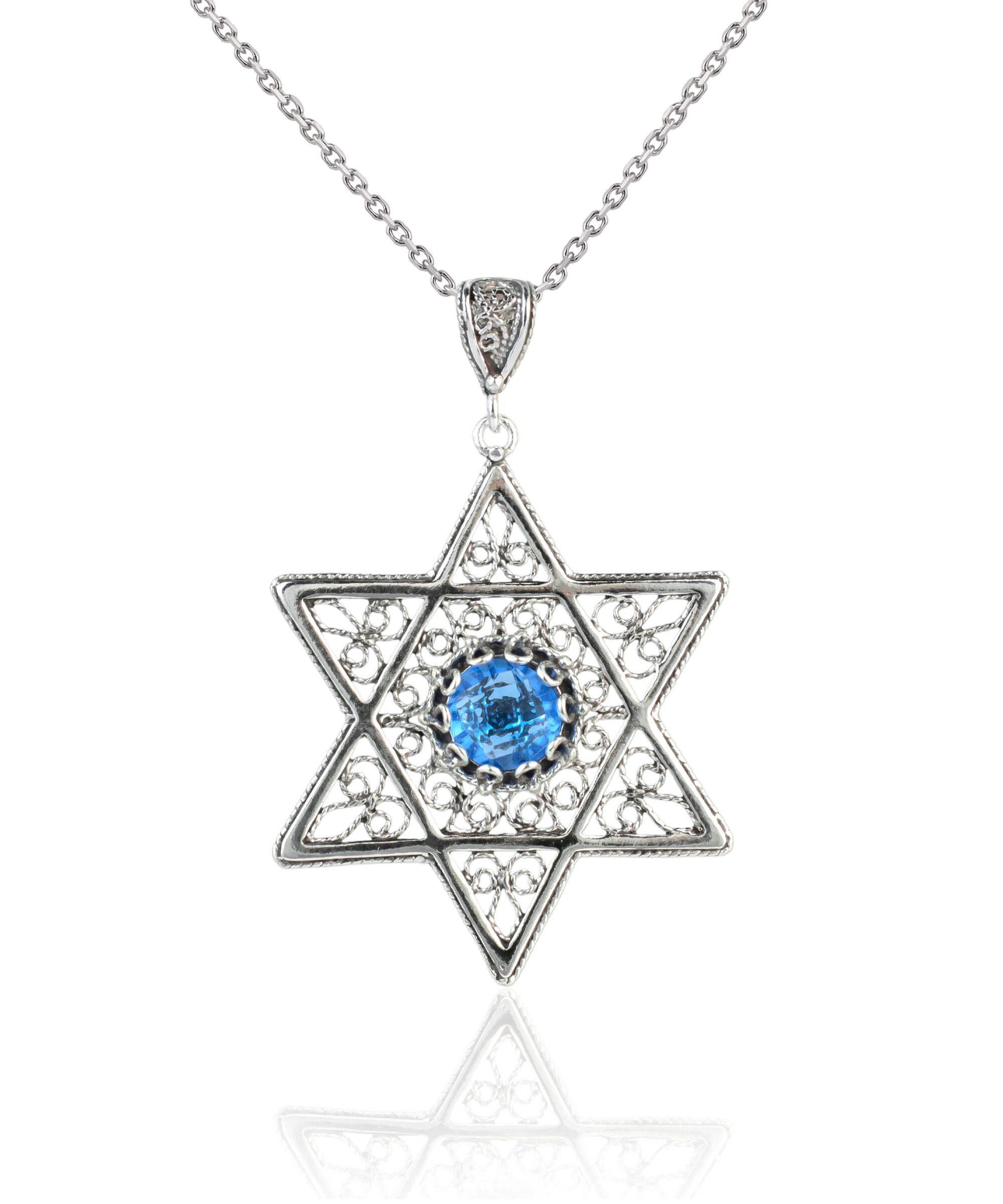 Handcrafted silver pendant featuring a blue quartz gemstone in a Star of David design, showcasing intricate filigree art.