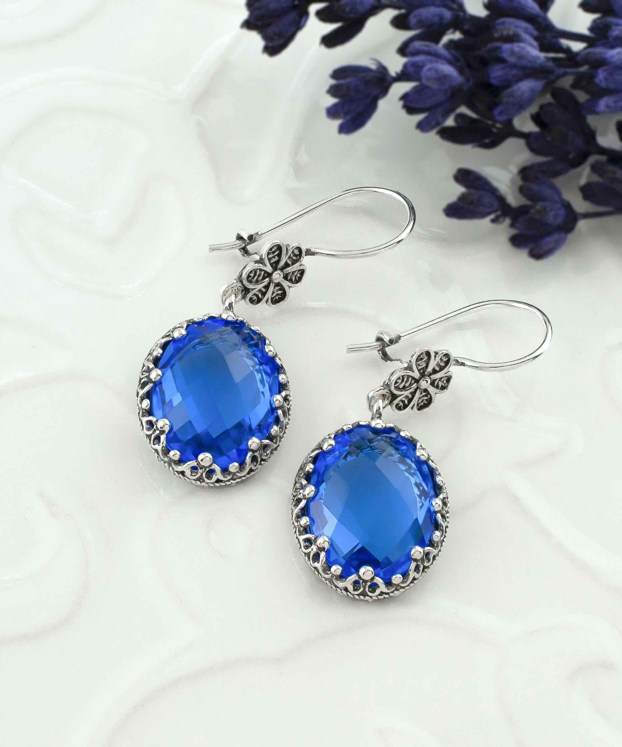 Elegant Filigree Art Blue Quartz Gemstone Dangle Earrings in 925 sterling silver, showcasing intricate designs and vibrant gemstones.