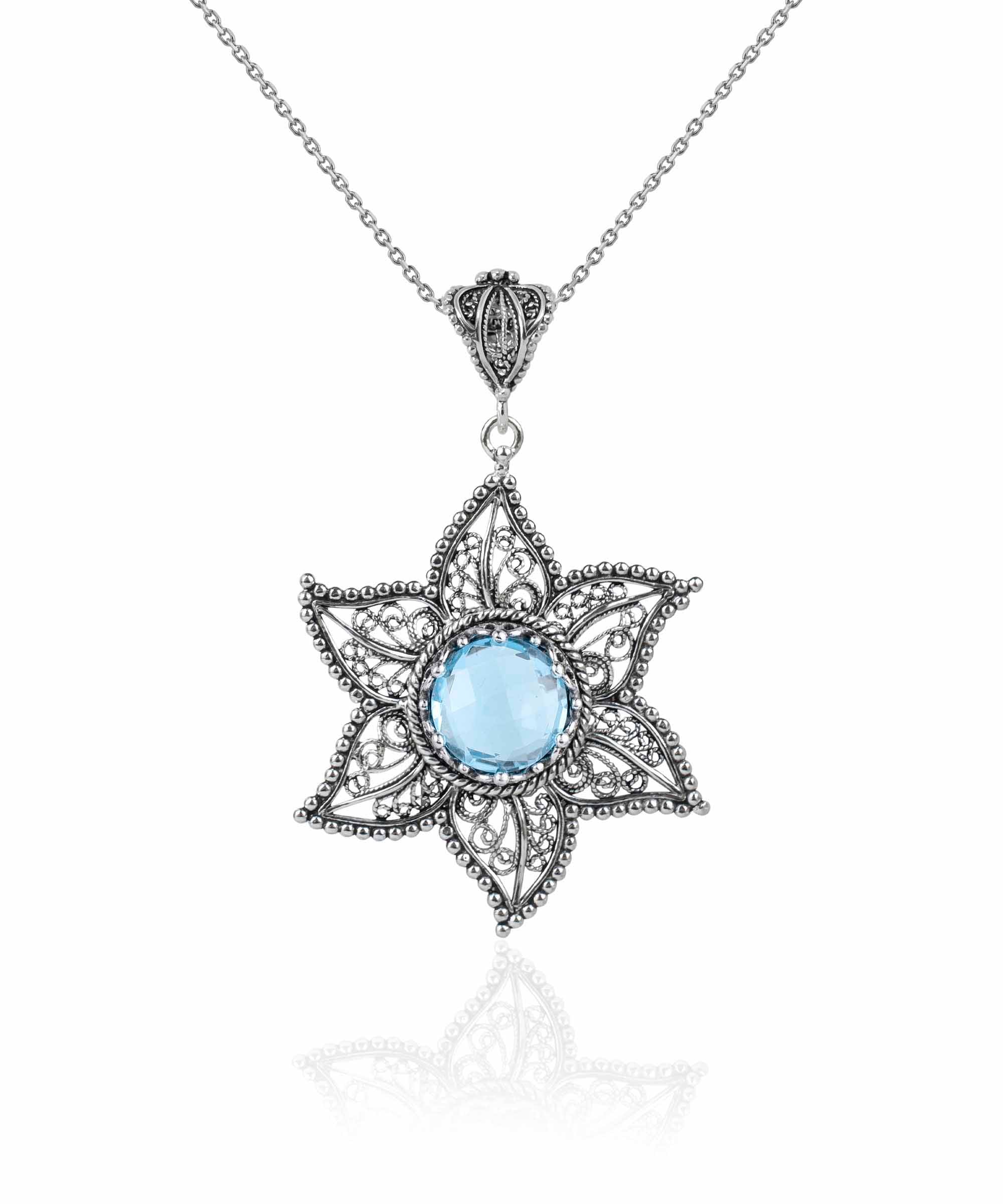Handcrafted silver pendant featuring intricate filigree art and a blue quartz gemstone, showcasing elegance and sophistication.