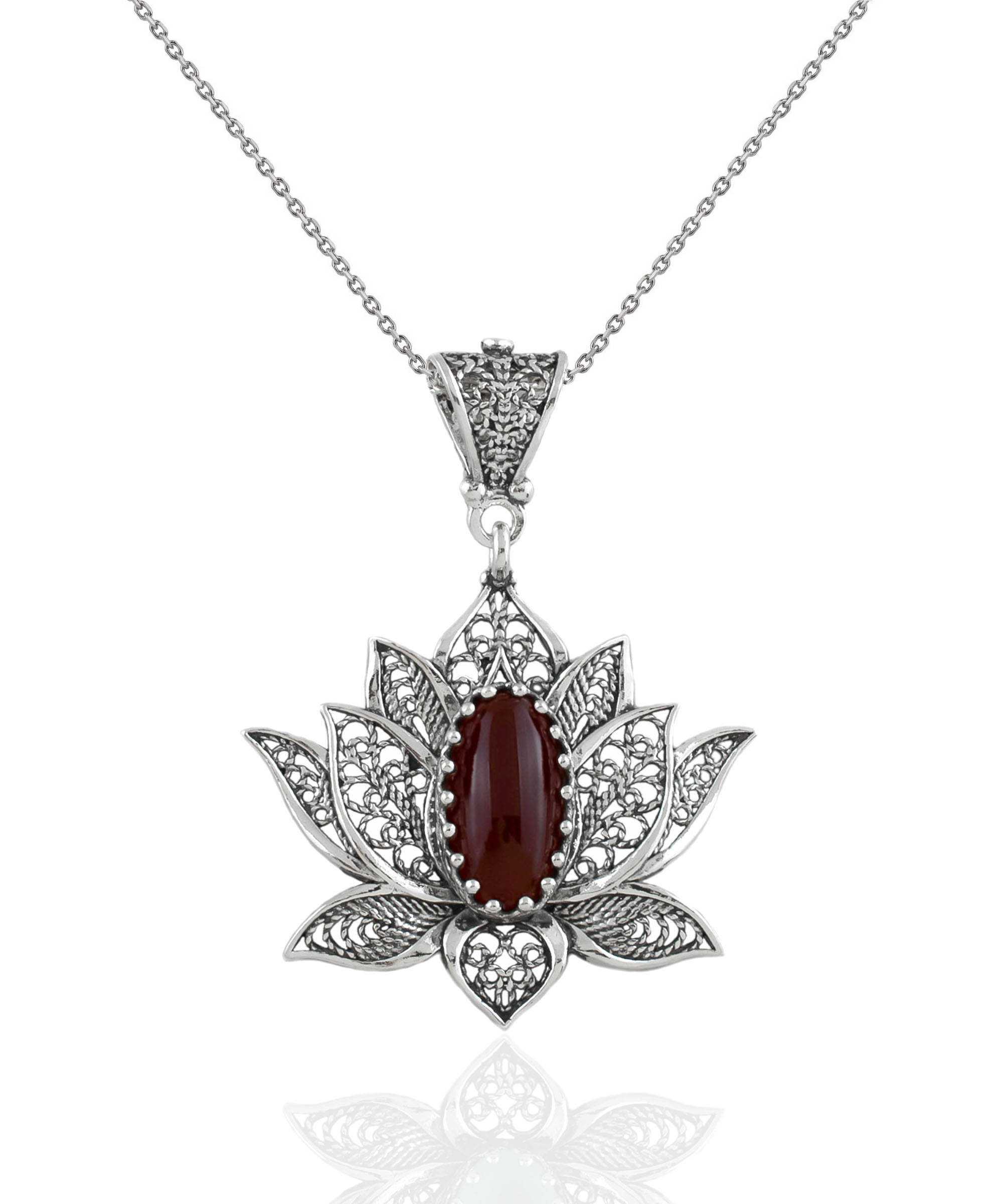 Elegant 925 Sterling Silver necklace featuring a filigree lotus flower design with a vibrant Carnelian gemstone.