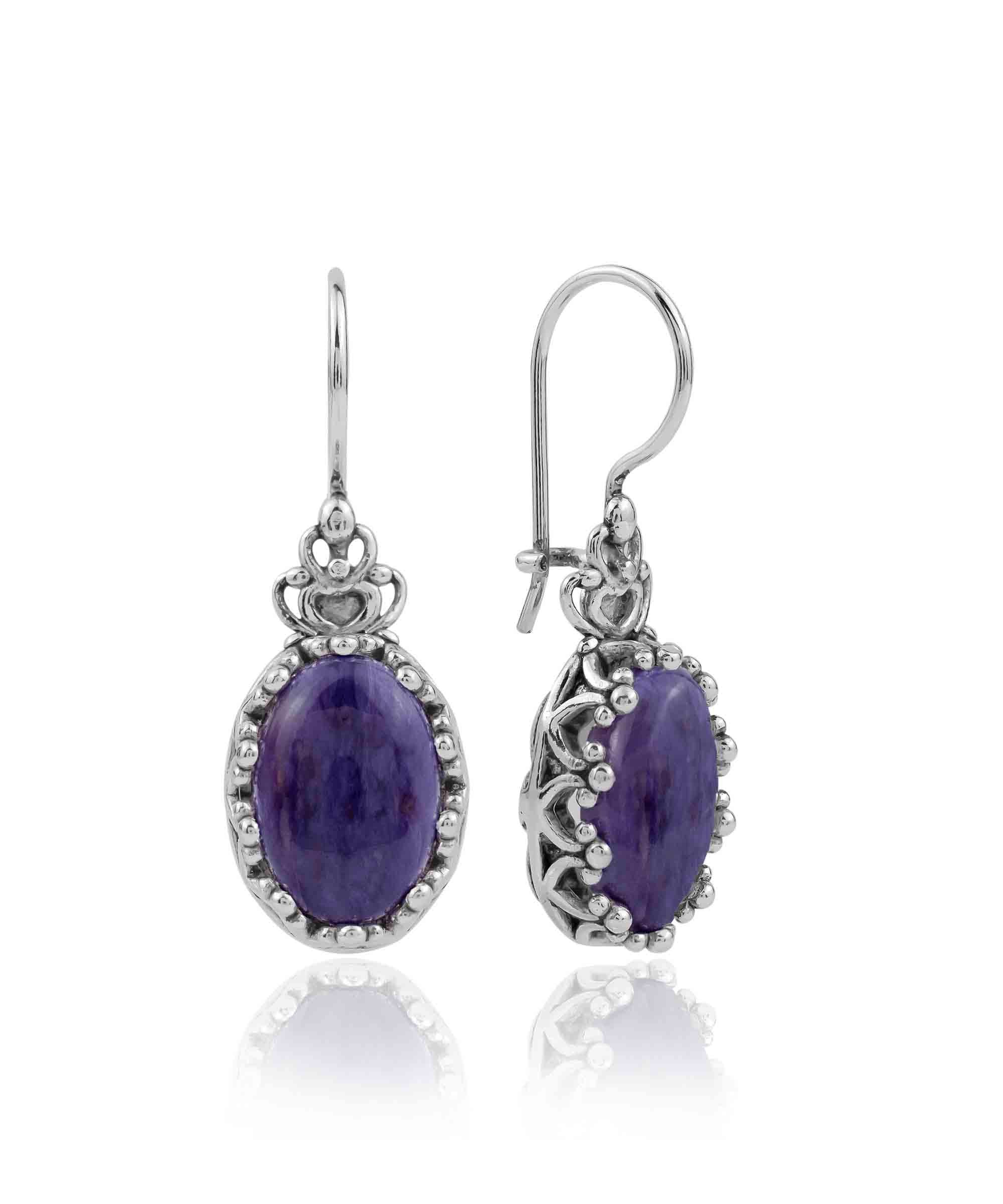 Elegant Filigree Art Charoite Gemstone Crown Earrings in sterling silver with intricate design and purple cabochon stone.