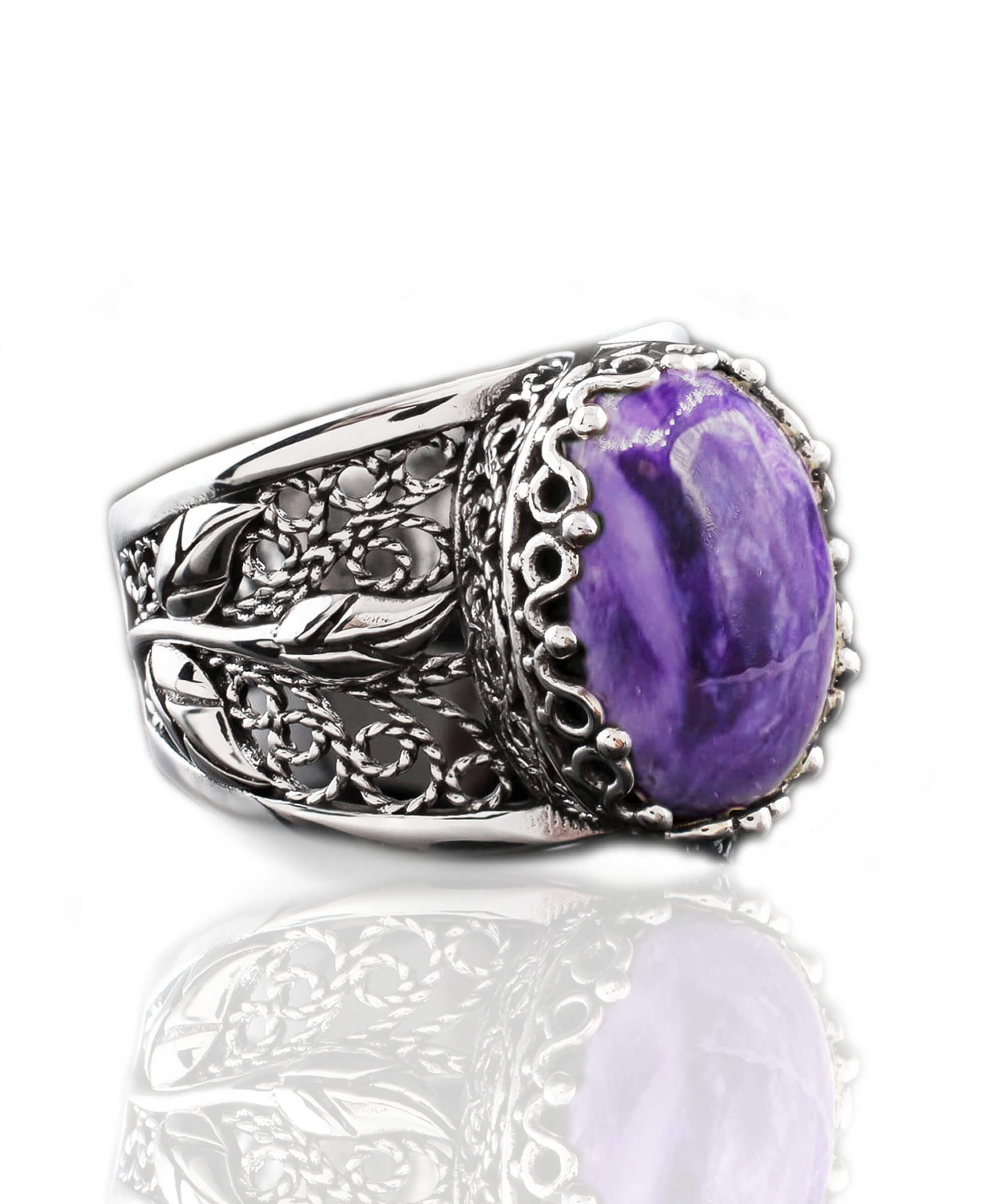 Elegant Filigree Art Charoite Gemstone Tulip Detailed Silver Ring for women, showcasing intricate silverwork and a vibrant purple gemstone.