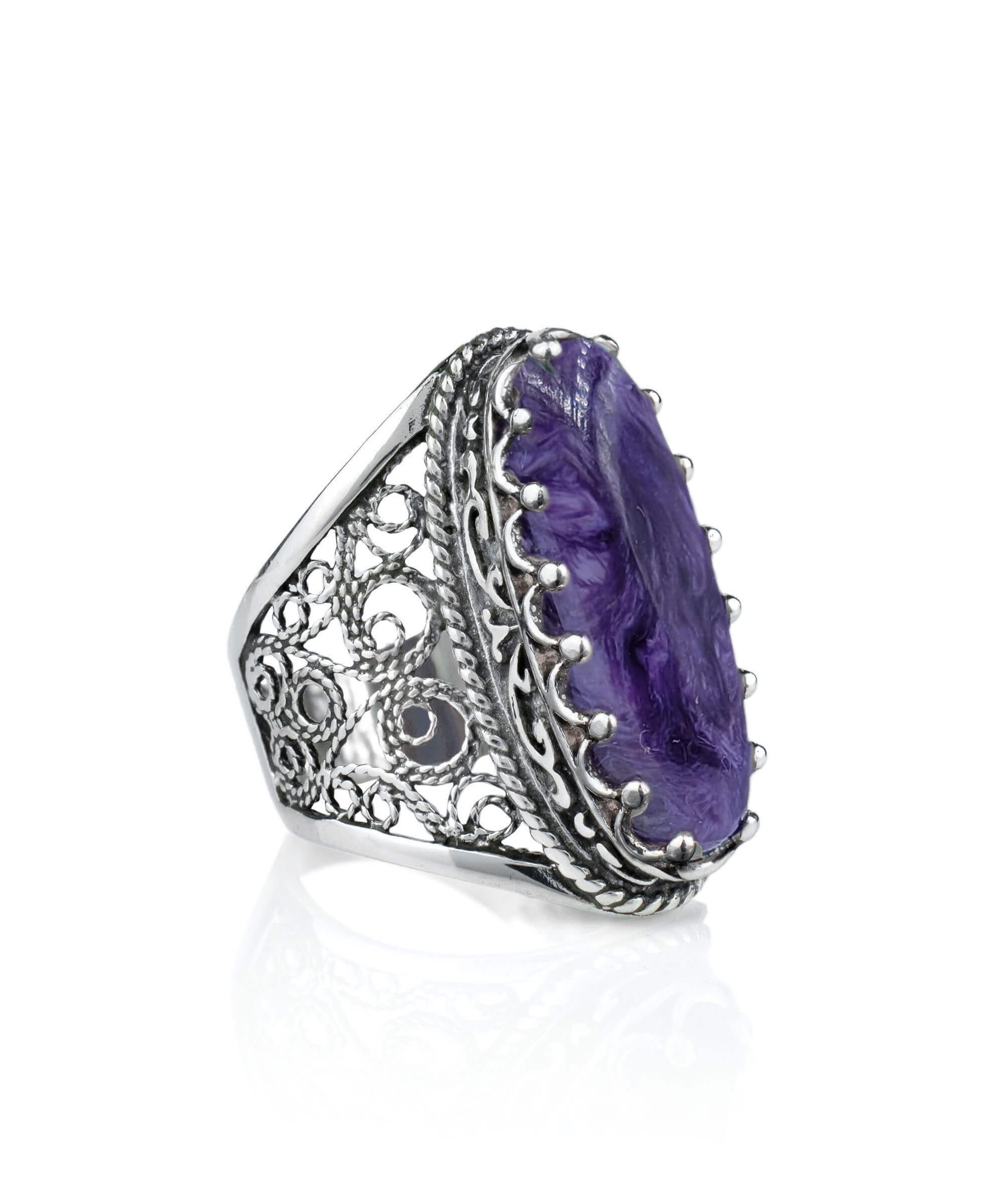 Elegant Filigree Art Charoite Gemstone Long Statement Ring in 925 Sterling Silver with intricate detailing and a luxurious finish.