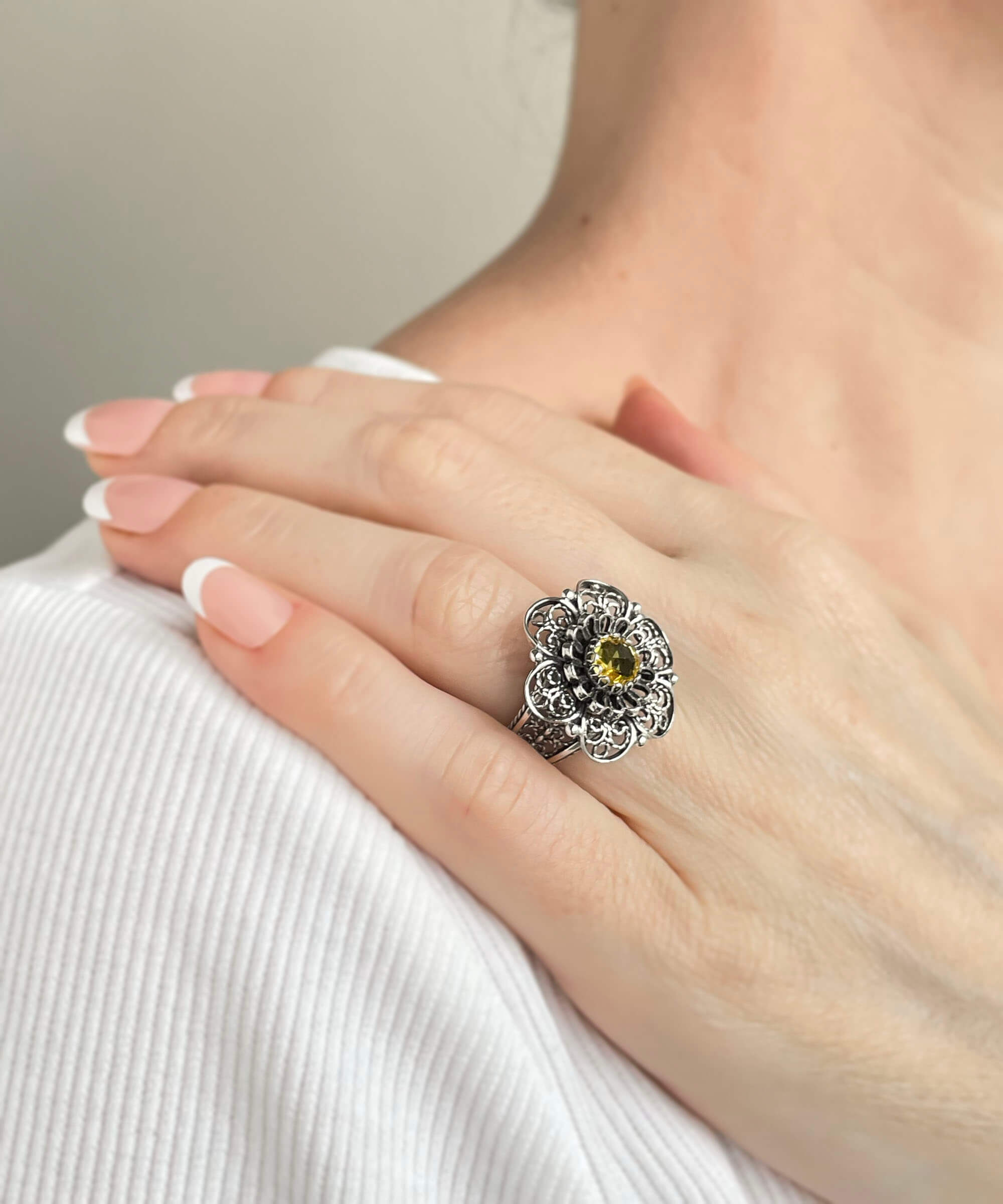 Elegant Filigree Art Citrine Gemstone Silver Ring featuring a lace daisy flower design and a vibrant yellow citrine stone.