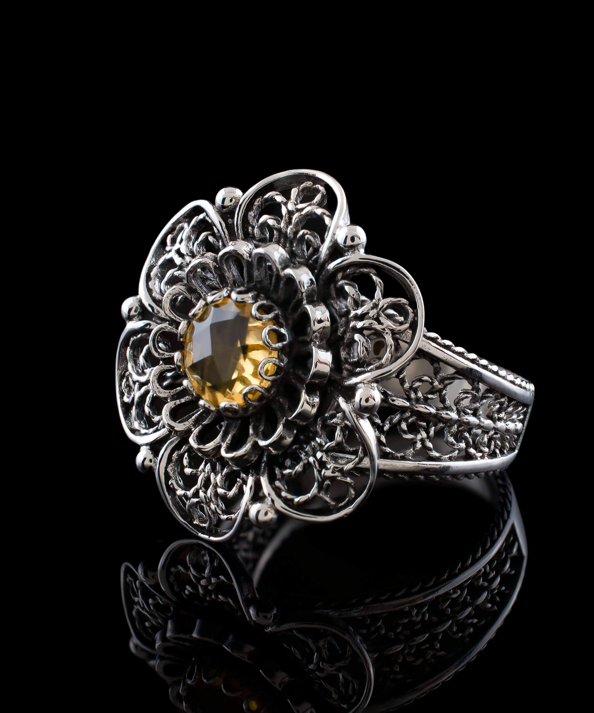 Elegant Filigree Art Citrine Gemstone Silver Ring featuring a lace daisy flower design and a vibrant yellow citrine stone.