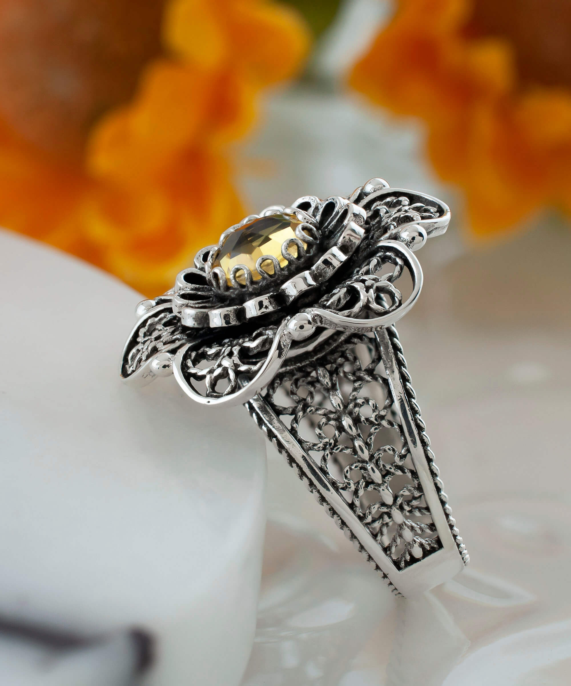 Elegant Filigree Art Citrine Gemstone Silver Ring featuring a lace daisy flower design and a vibrant yellow citrine stone.