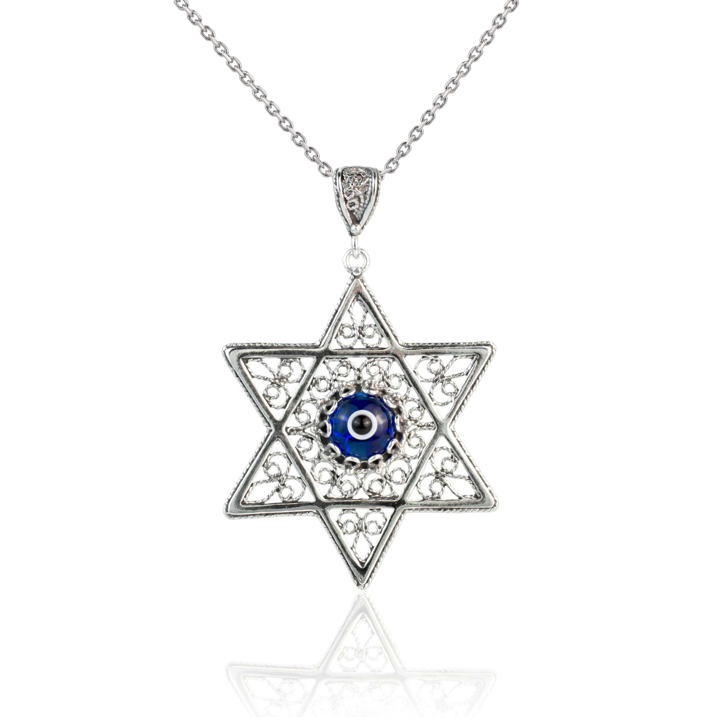 Sterling silver filigree art pendant featuring an Evil Eye stone and Star of David design, elegantly crafted for women.