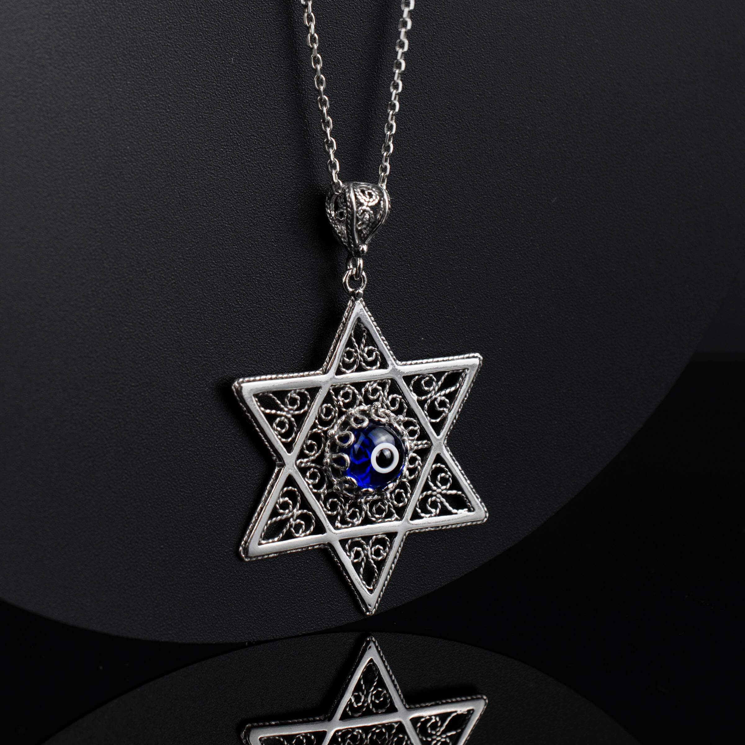 Sterling silver filigree art pendant featuring an Evil Eye stone and Star of David design, elegantly crafted for women.