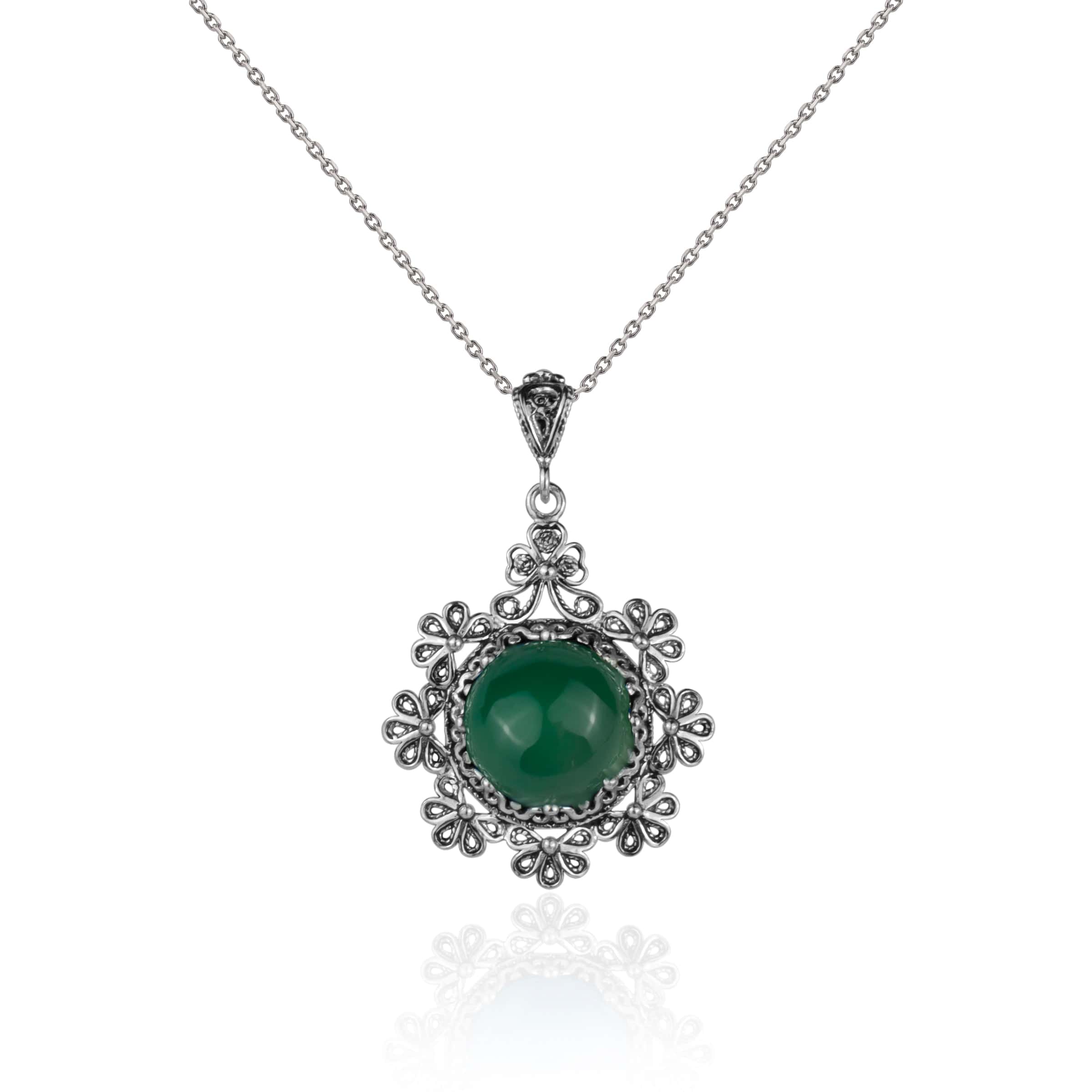 Sterling silver filigree pendant featuring a green agate gemstone in a floral design, showcasing intricate craftsmanship.