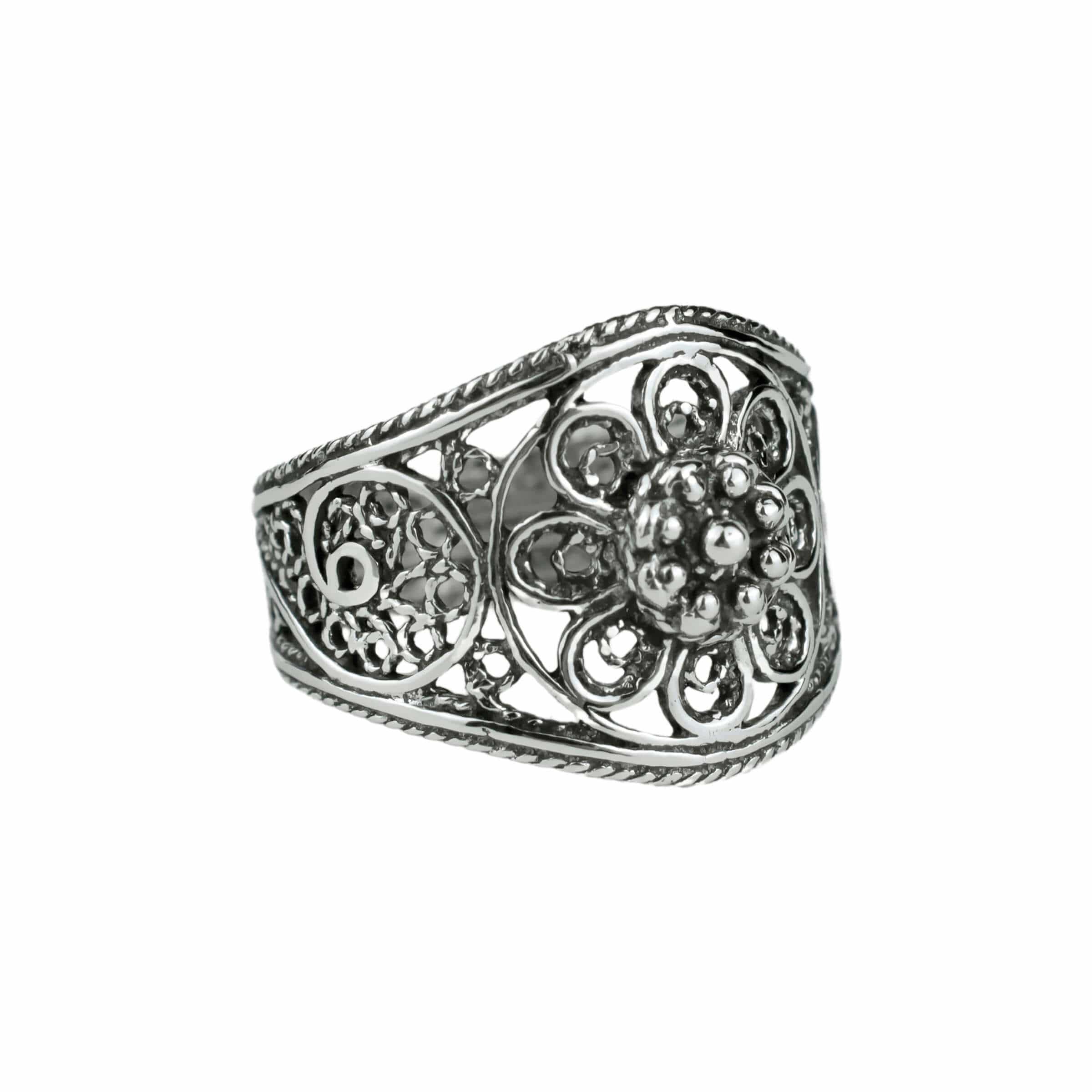 A stunning 925 Sterling Silver Filigree Art Lace Embroidery Women Cocktail Ring showcasing intricate lace design and polished finish.