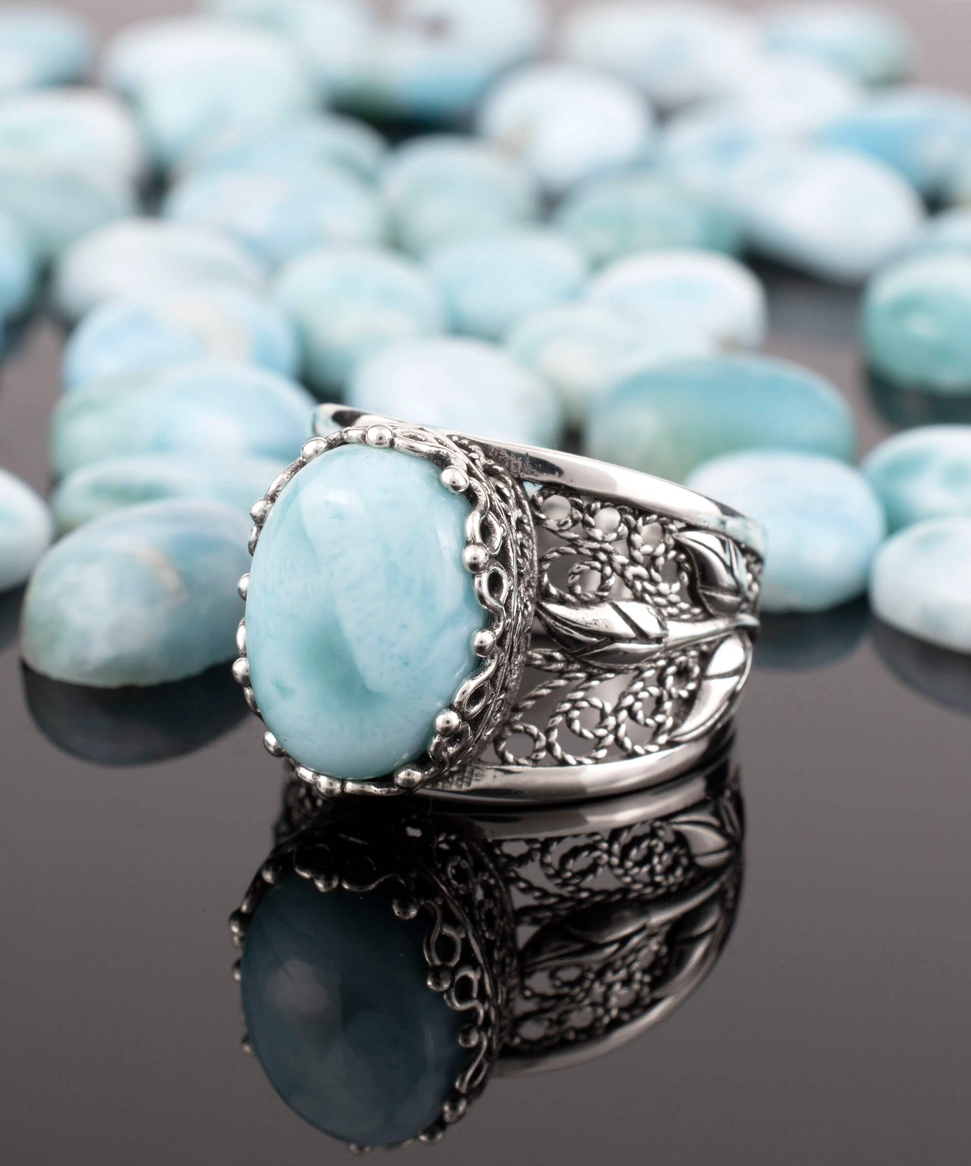 Elegant Filigree Art Larimar Gemstone Tulip Detailed Silver Women Statement Ring showcasing intricate design and turquoise green stone.