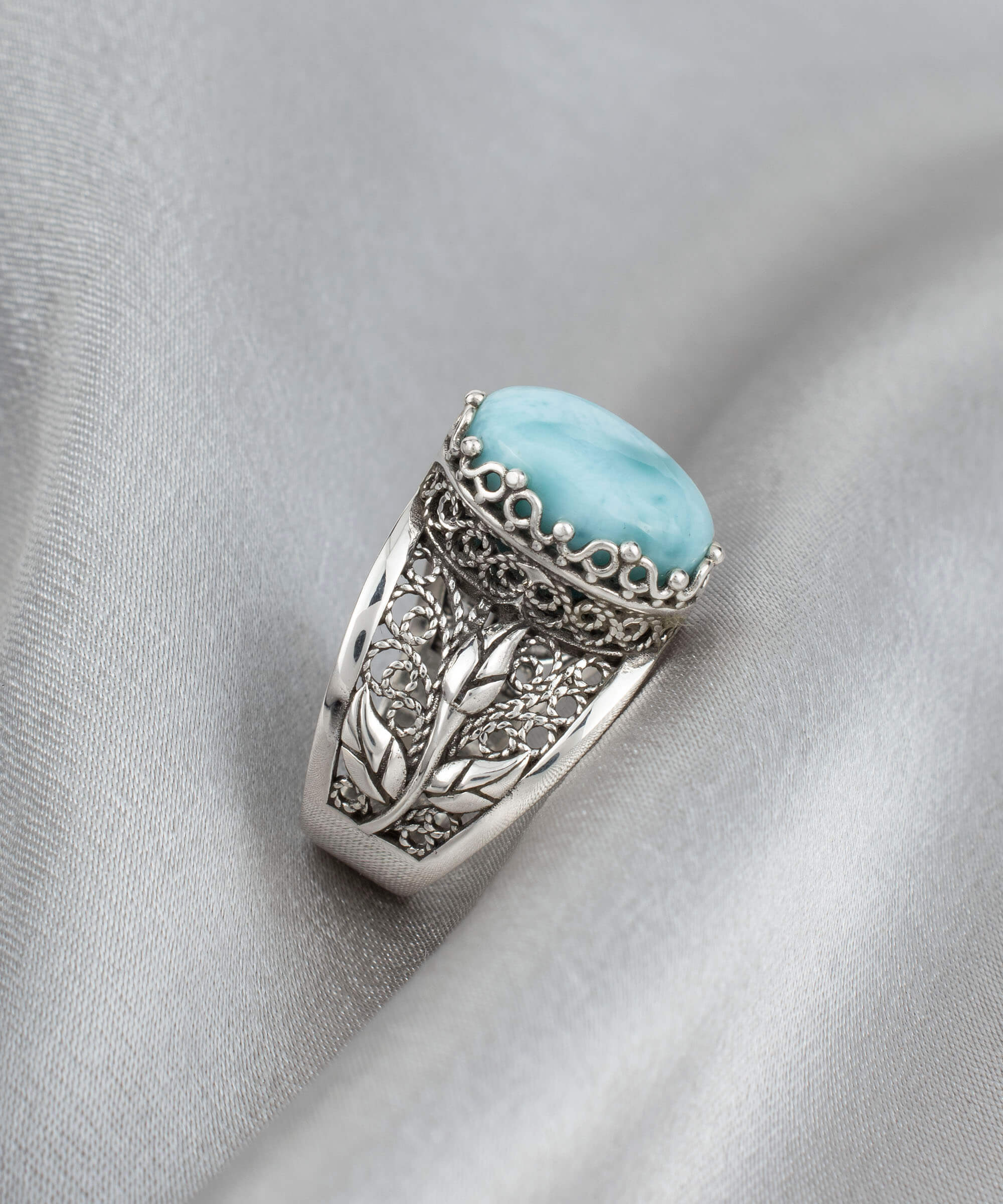 Elegant Filigree Art Larimar Gemstone Tulip Detailed Silver Women Statement Ring showcasing intricate design and turquoise green stone.