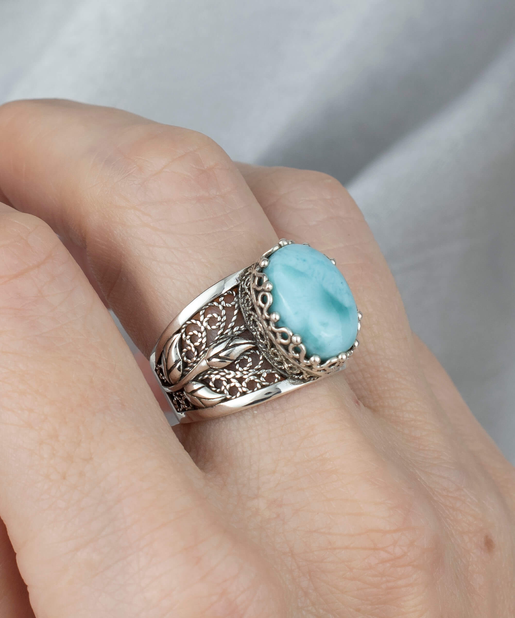 Elegant Filigree Art Larimar Gemstone Tulip Detailed Silver Women Statement Ring showcasing intricate design and turquoise green stone.