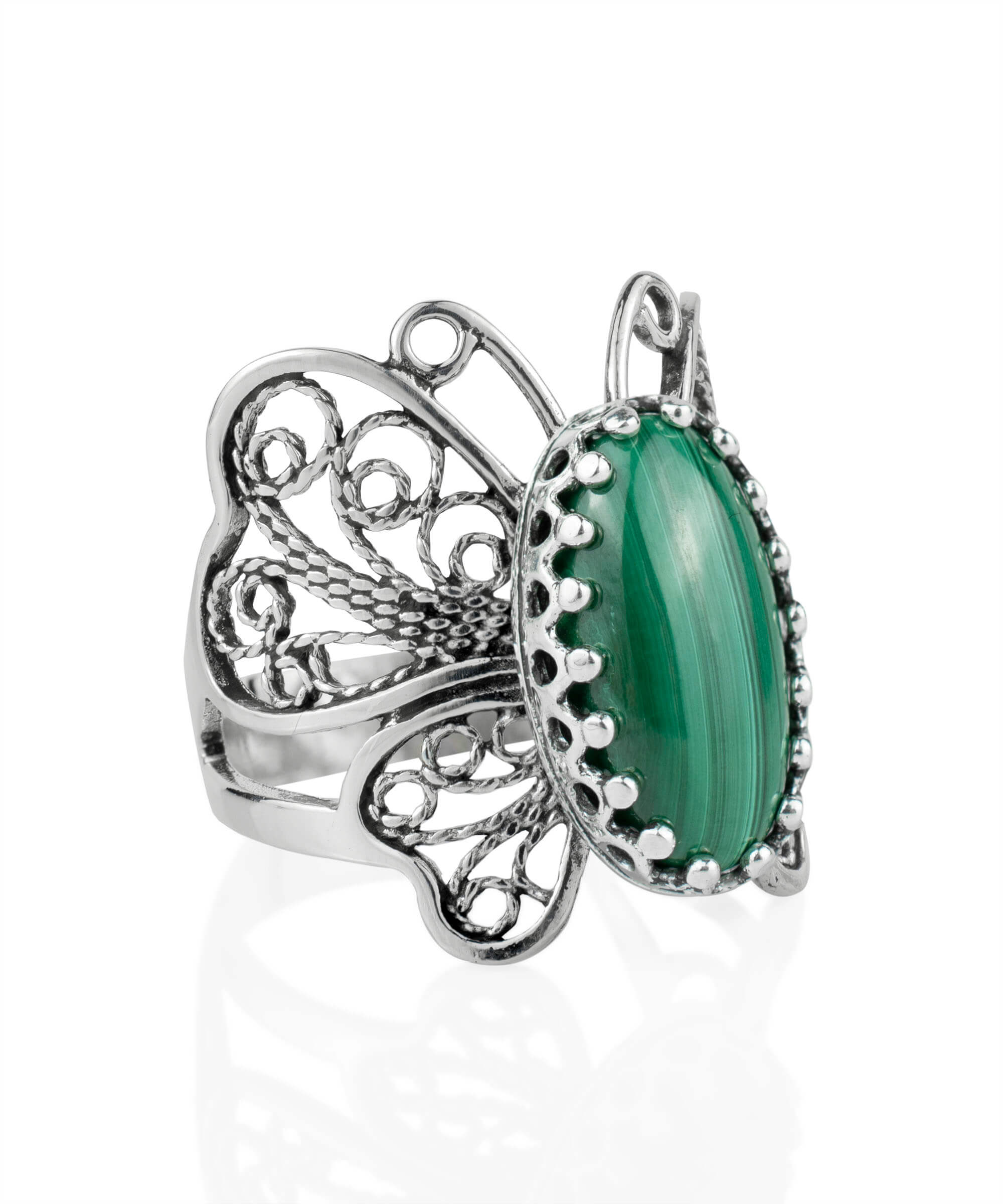 Sterling silver filigree butterfly cocktail ring featuring a malachite gemstone, elegantly designed with intricate details.
