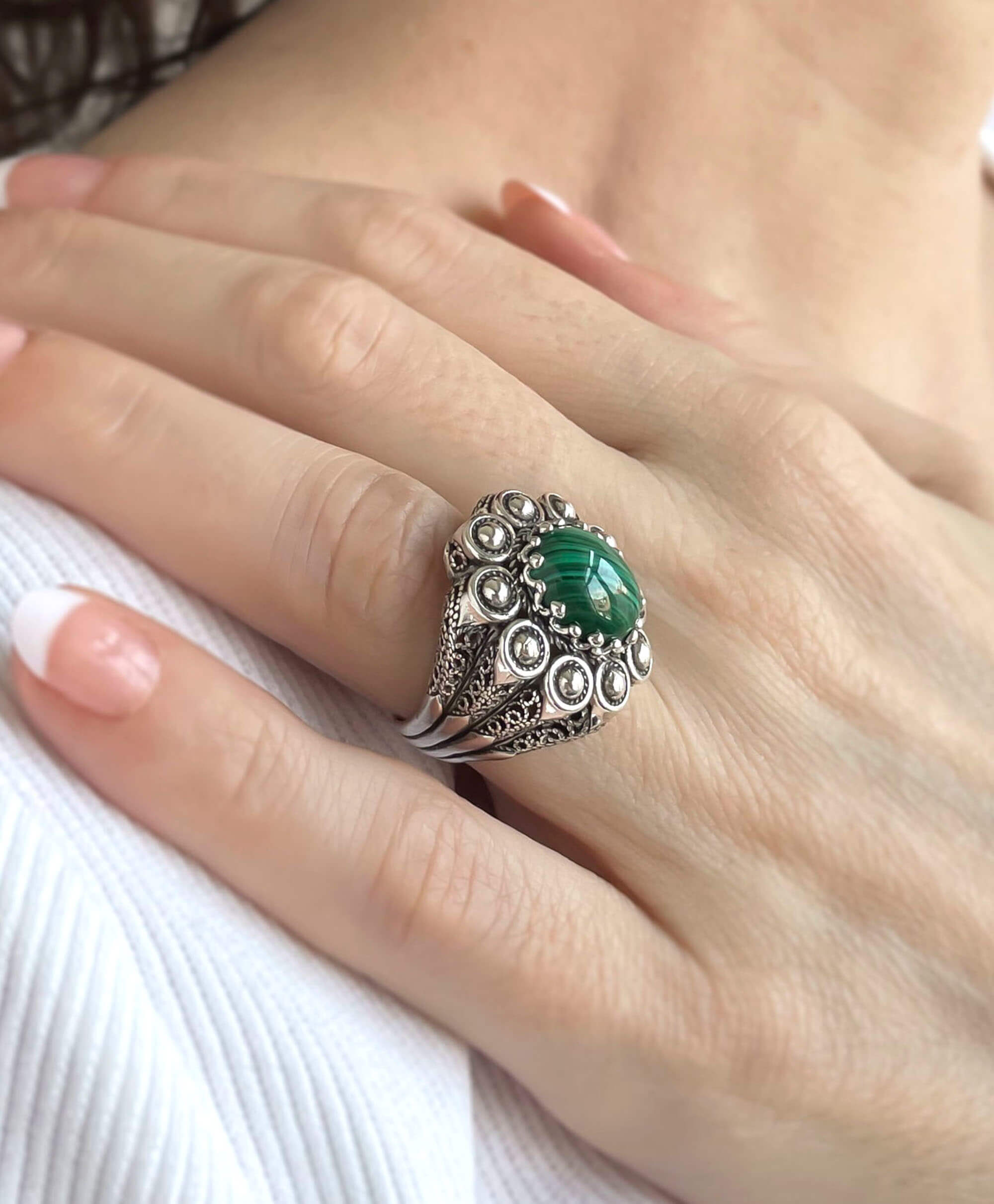 Elegant Filigree Art Malachite Gemstone Women Statement Dome Ring with intricate design and vibrant green malachite stone.