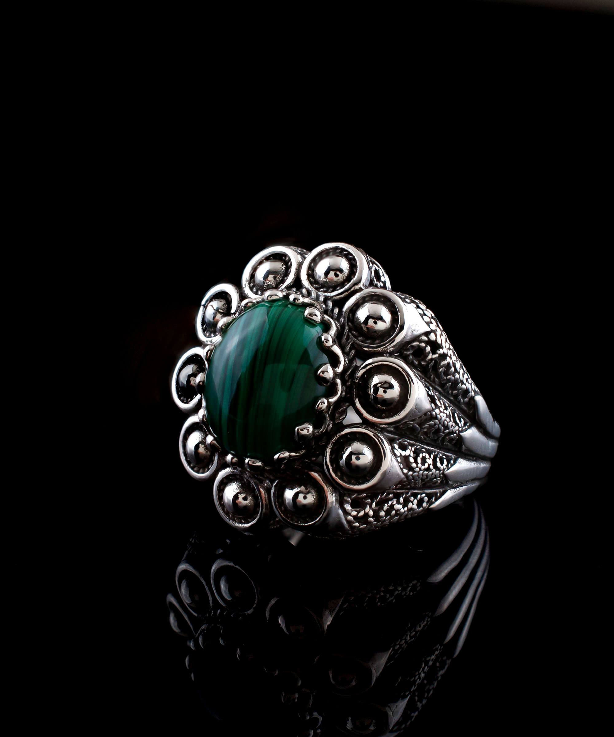 Elegant Filigree Art Malachite Gemstone Women Statement Dome Ring with intricate design and vibrant green malachite stone.
