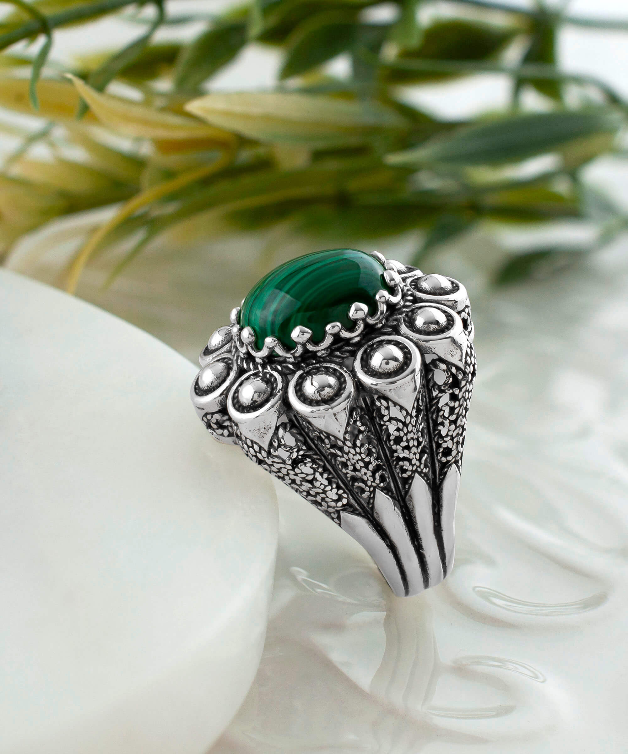 Elegant Filigree Art Malachite Gemstone Women Statement Dome Ring with intricate design and vibrant green malachite stone.