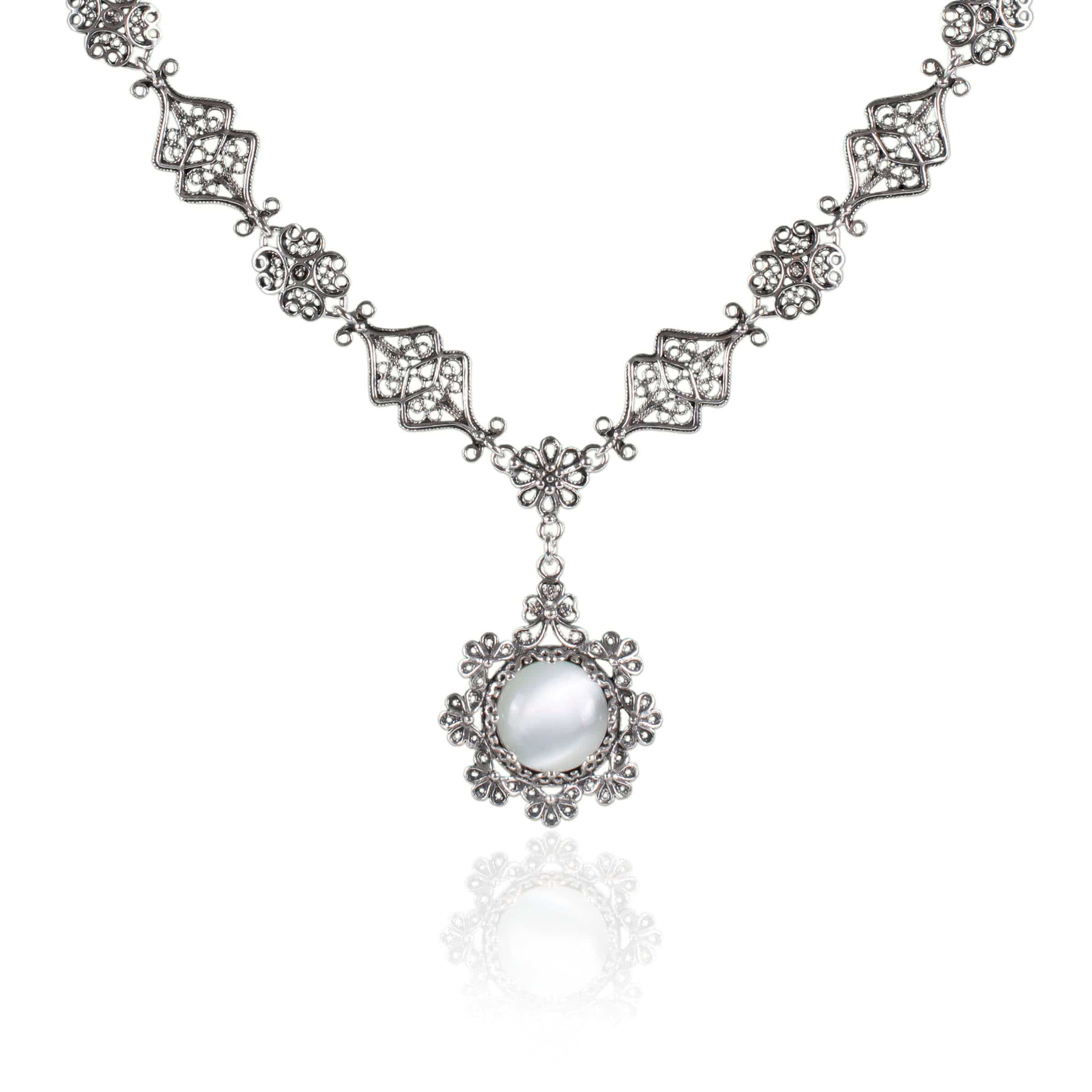 Elegant silver choker necklace featuring filigree art and a round Mother of Pearl gemstone centerpiece, perfect for women.