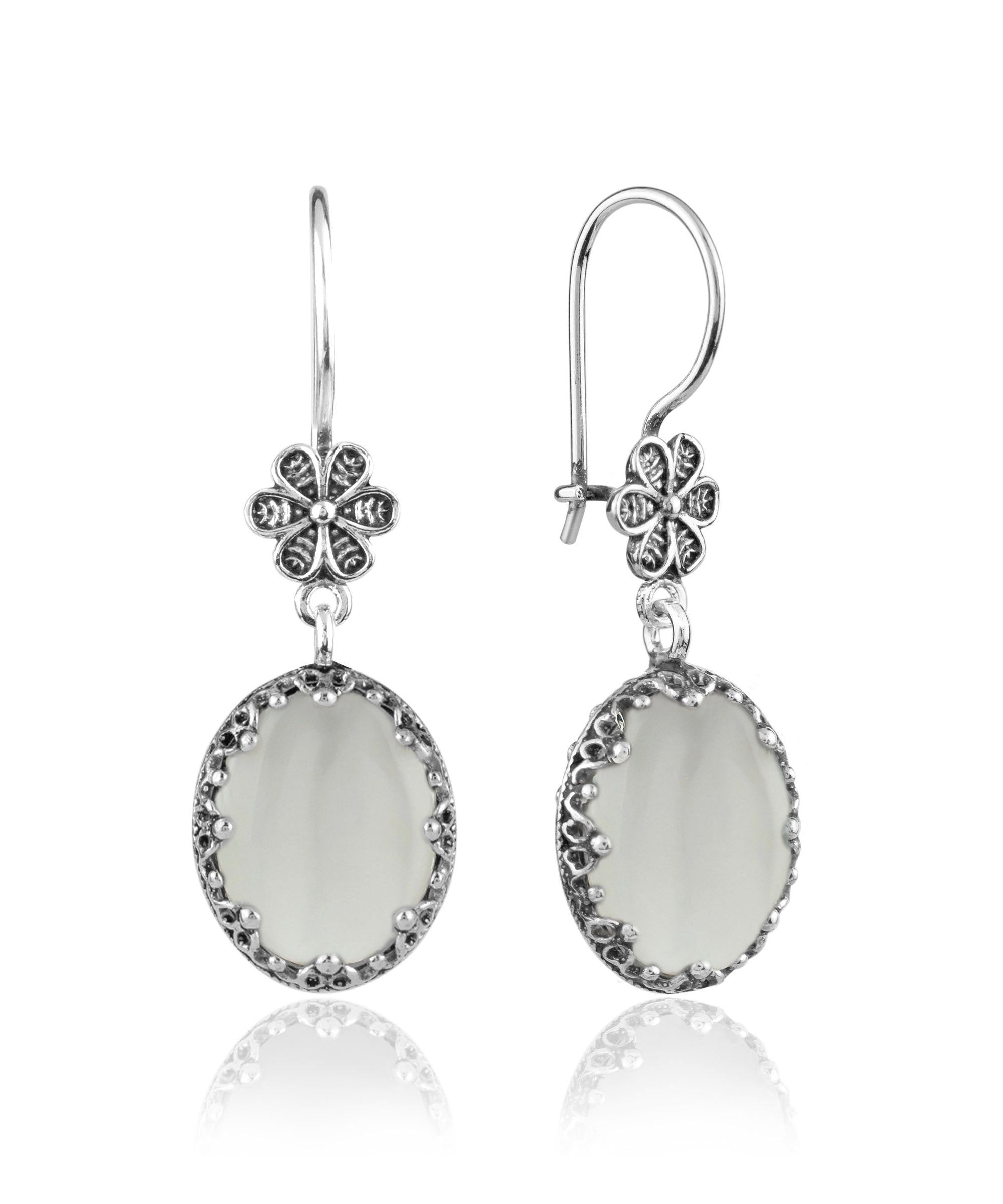 Elegant Filigree Art Mother of Pearl Gemstone Silver Oval Dangle Earrings showcasing intricate designs and vibrant gemstones.