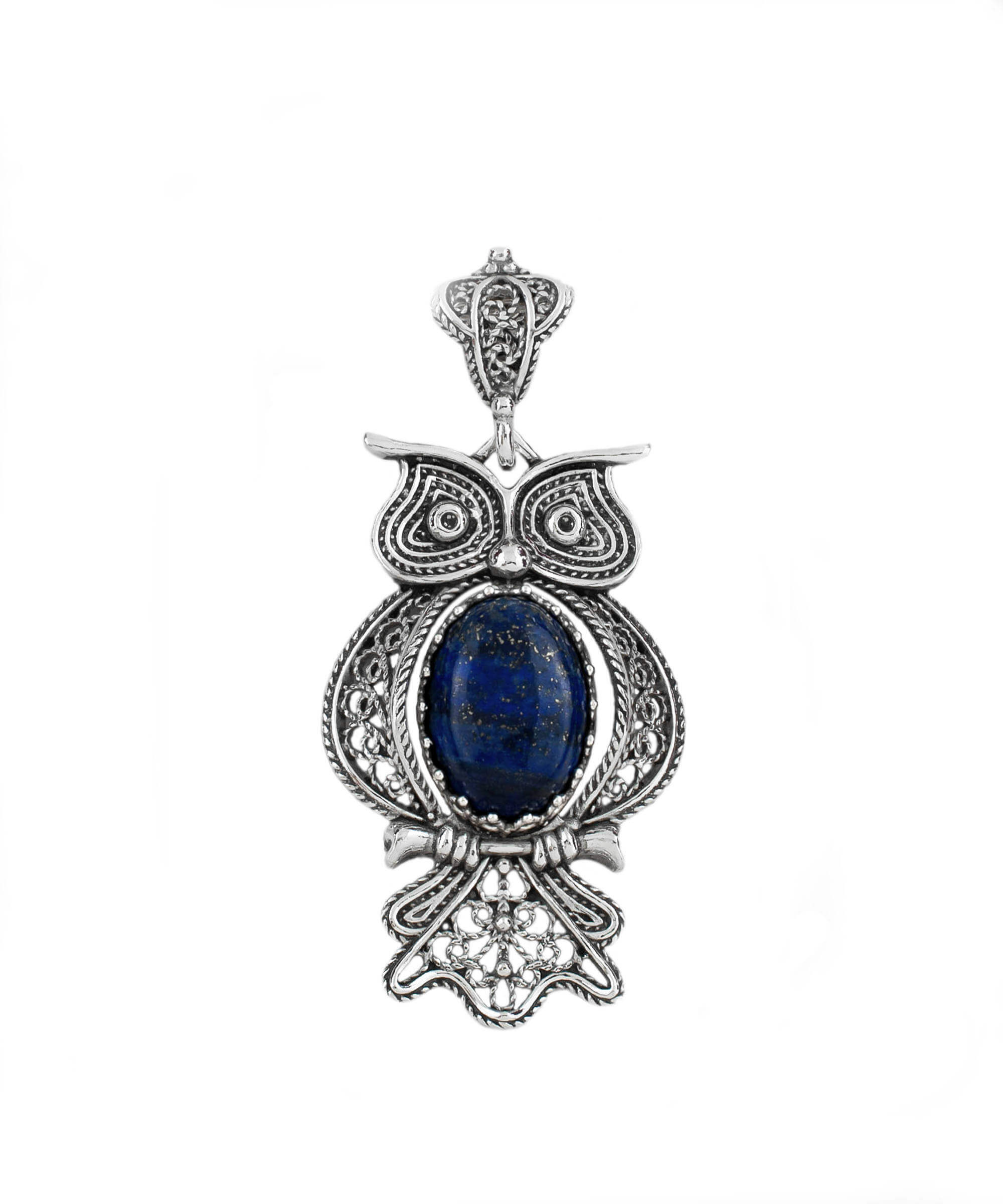Elegant 925 Sterling Silver owl pendant featuring Lapis Lazuli gemstone, showcasing intricate filigree art design.