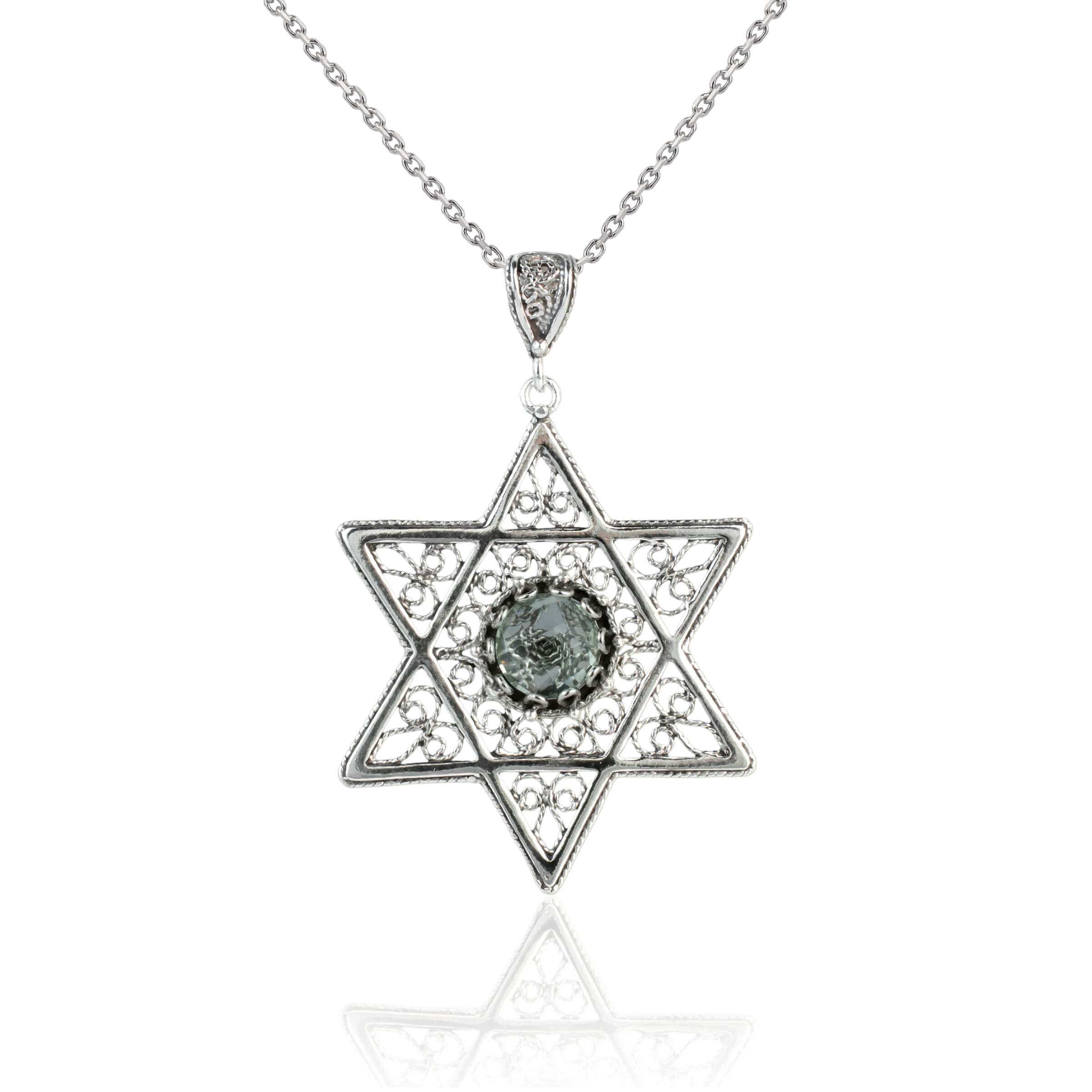 Sterling silver filigree art pendant featuring a prasiolite gemstone in the shape of a Star of David, elegantly designed for women.