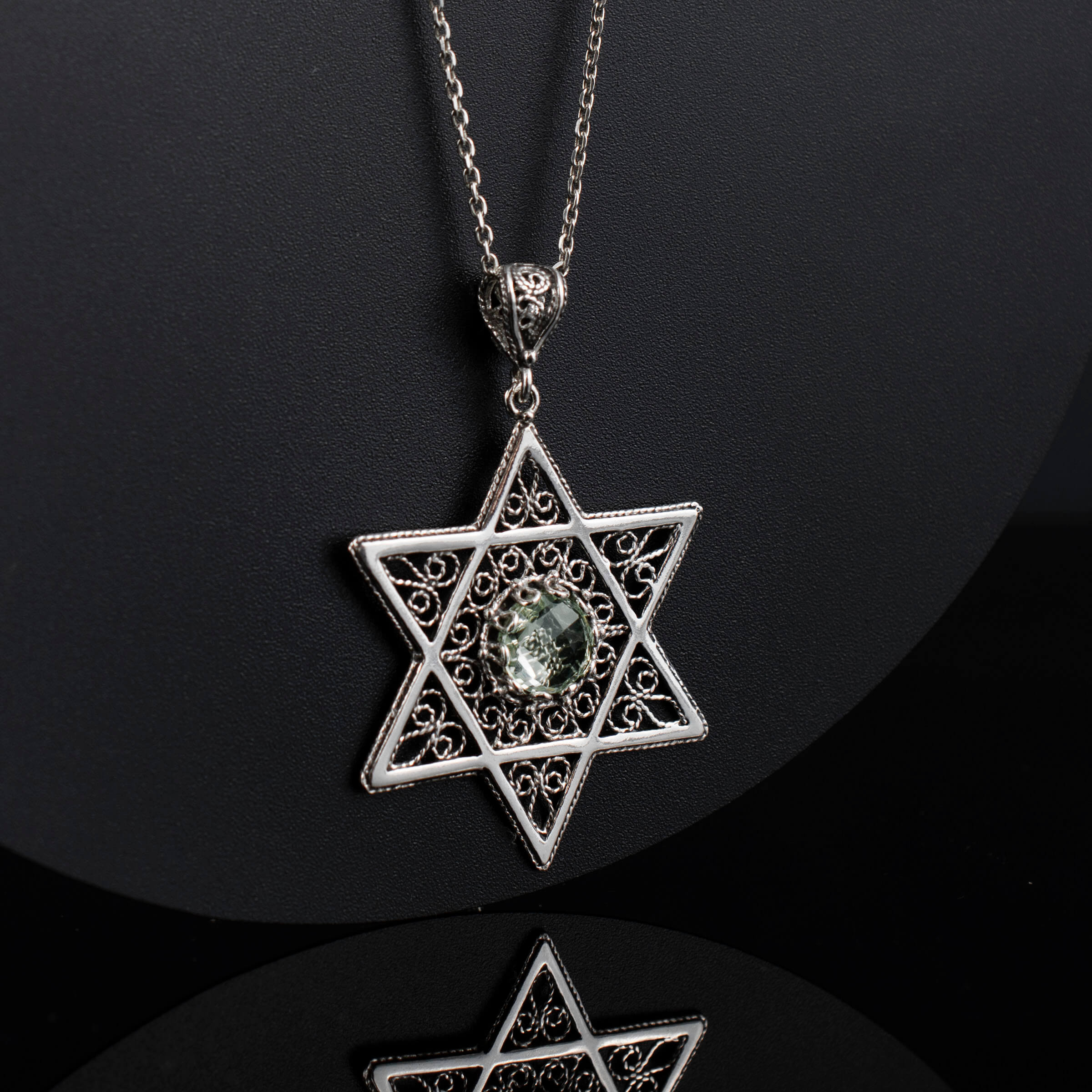 Sterling silver filigree art pendant featuring a prasiolite gemstone in the shape of a Star of David, elegantly designed for women.