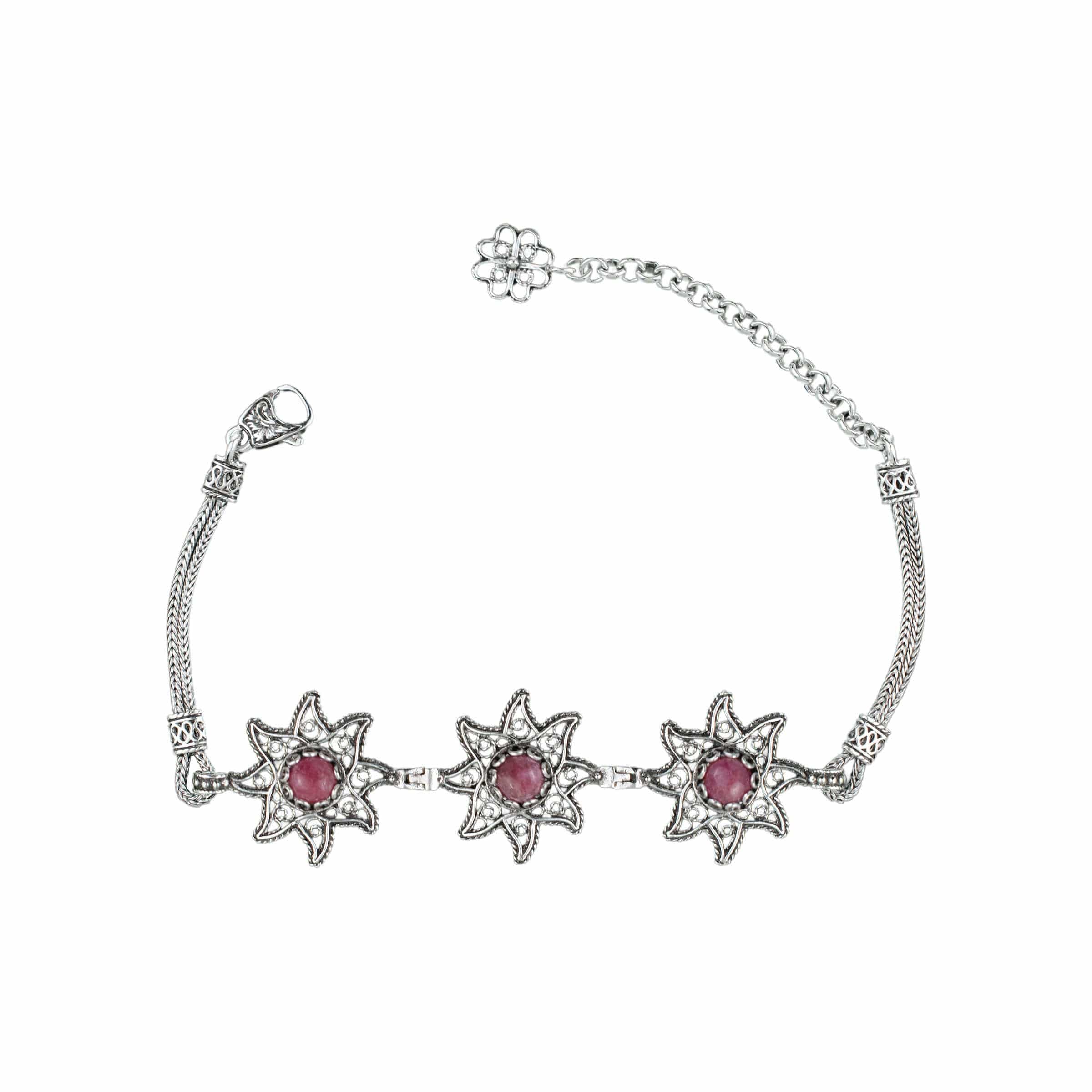 Sterling silver filigree bracelet featuring natural rhodonite gemstones in a star link design, elegantly crafted for women.