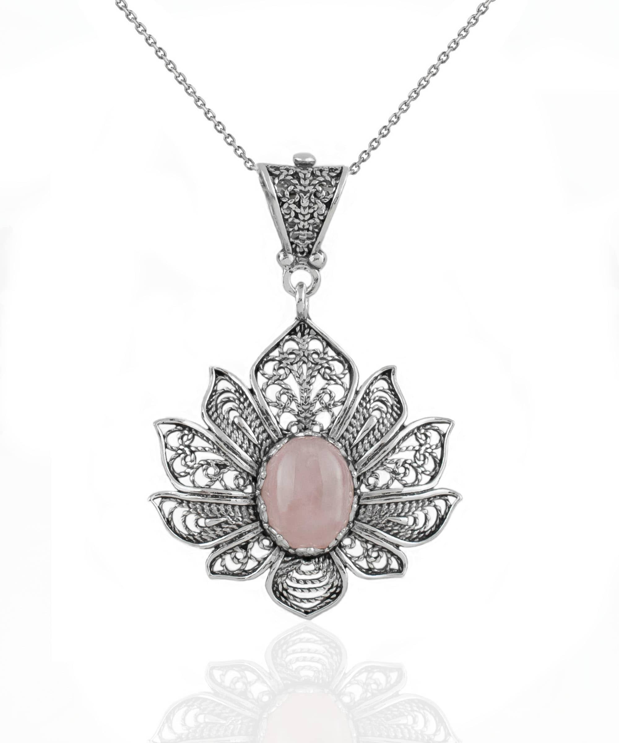 Elegant 925 Sterling Silver pendant featuring a rose quartz gemstone in a lotus flower design with intricate filigree art.