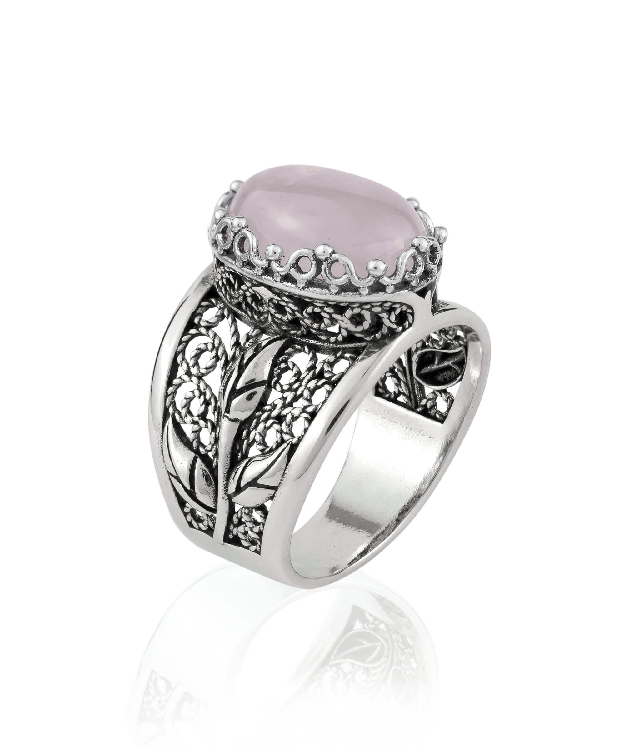 Elegant Filigree Art Rose Quartz Gemstone Tulip Ring in 925 Sterling Silver, showcasing intricate details and a beautiful pink gemstone.