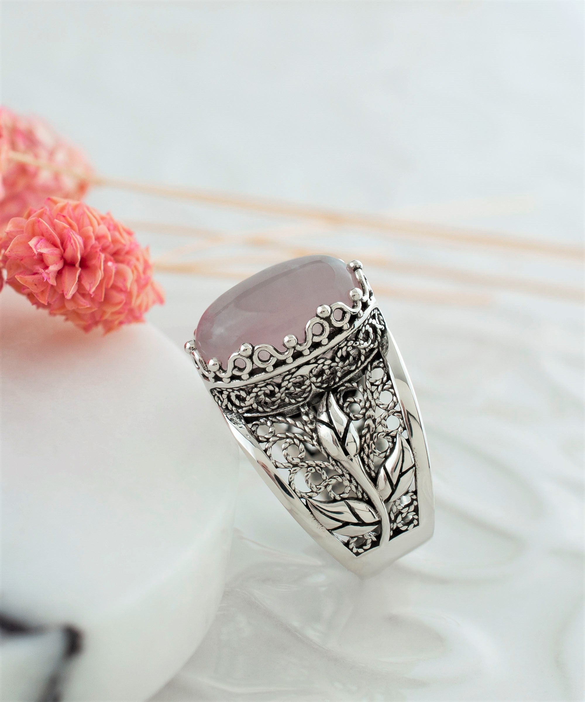 Elegant Filigree Art Rose Quartz Gemstone Tulip Ring in 925 Sterling Silver, showcasing intricate details and a beautiful pink gemstone.