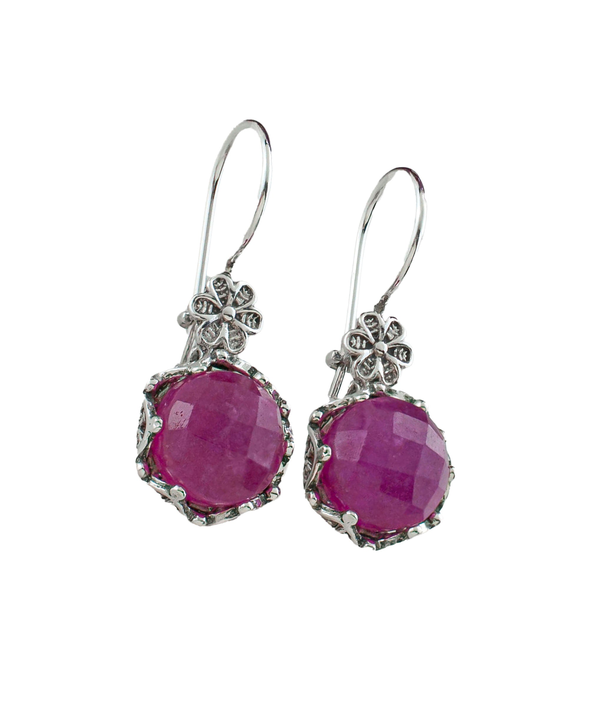 Elegant Filigree Art Ruby Corundum Gemstone Drop Earrings in sterling silver, showcasing a rich red hue and intricate design.
