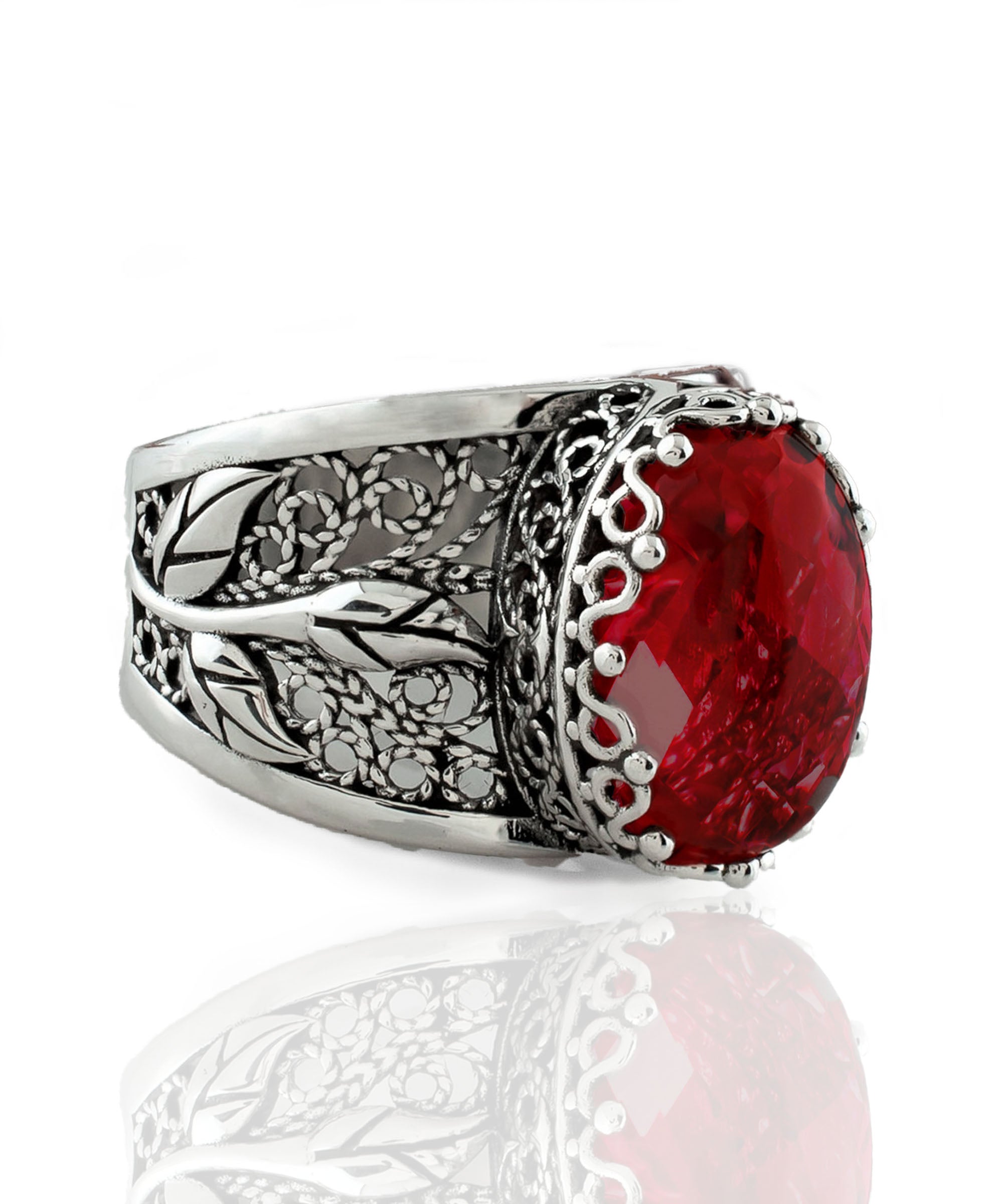 Elegant Filigree Art Ruby Quartz Gemstone Tulip Detailed Silver Women's Ring showcasing intricate design and vibrant ruby gemstone.
