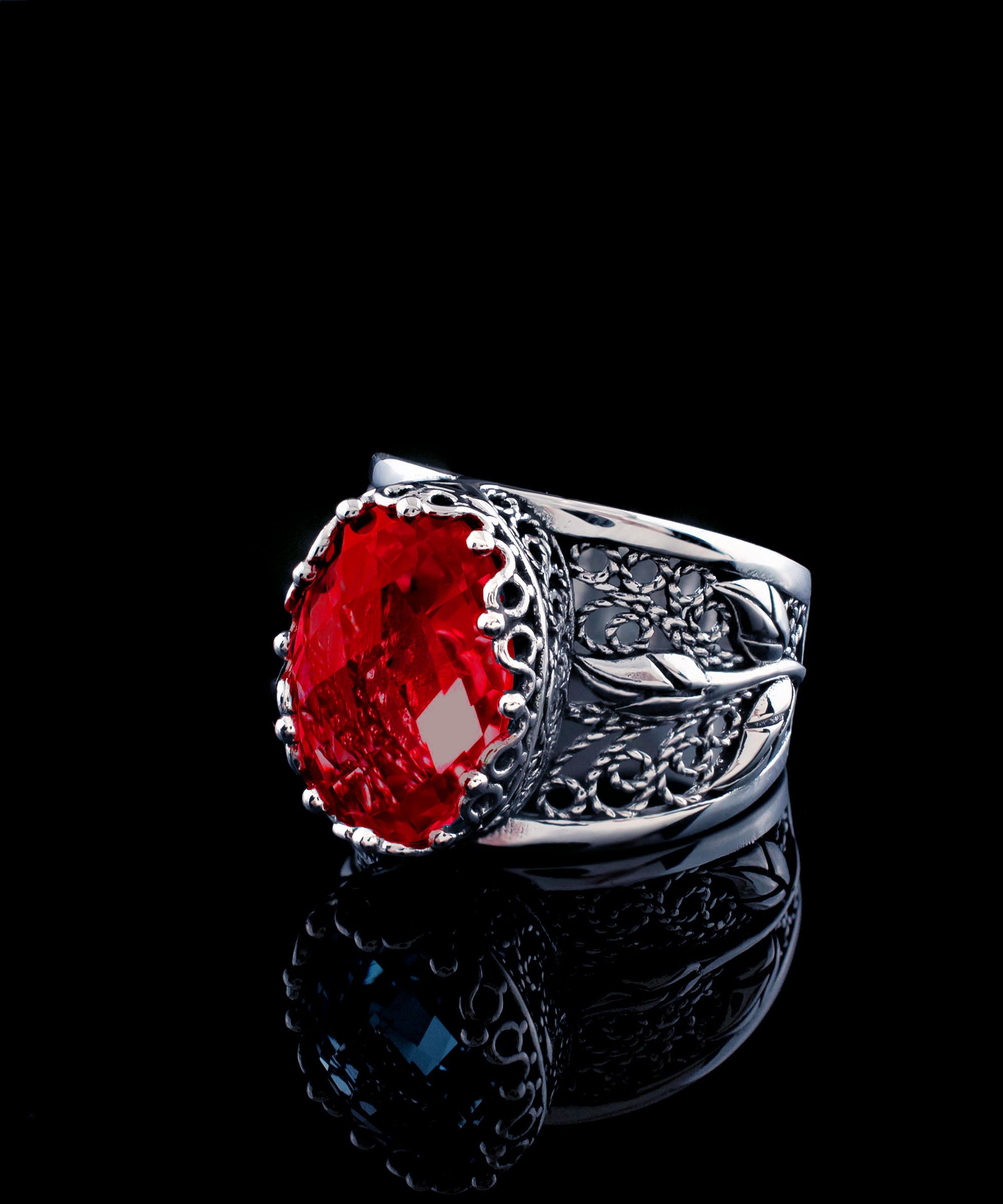 Elegant Filigree Art Ruby Quartz Gemstone Tulip Detailed Silver Women's Ring showcasing intricate design and vibrant ruby gemstone.