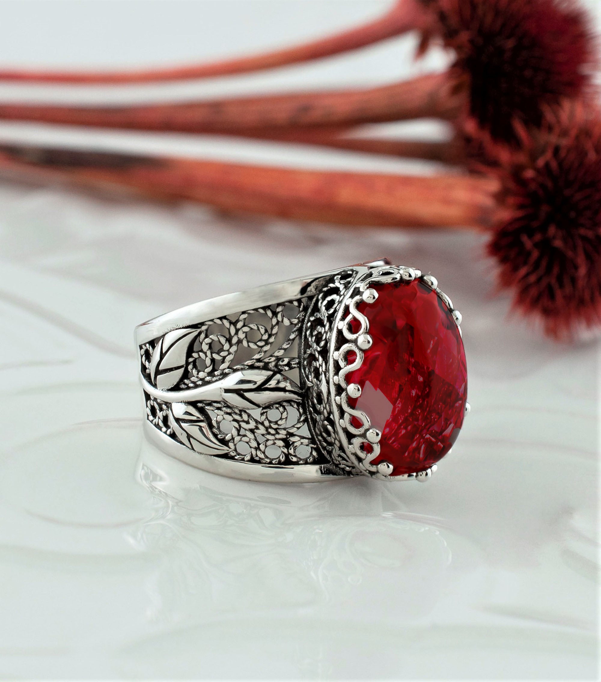 Elegant Filigree Art Ruby Quartz Gemstone Tulip Detailed Silver Women's Ring showcasing intricate design and vibrant ruby gemstone.