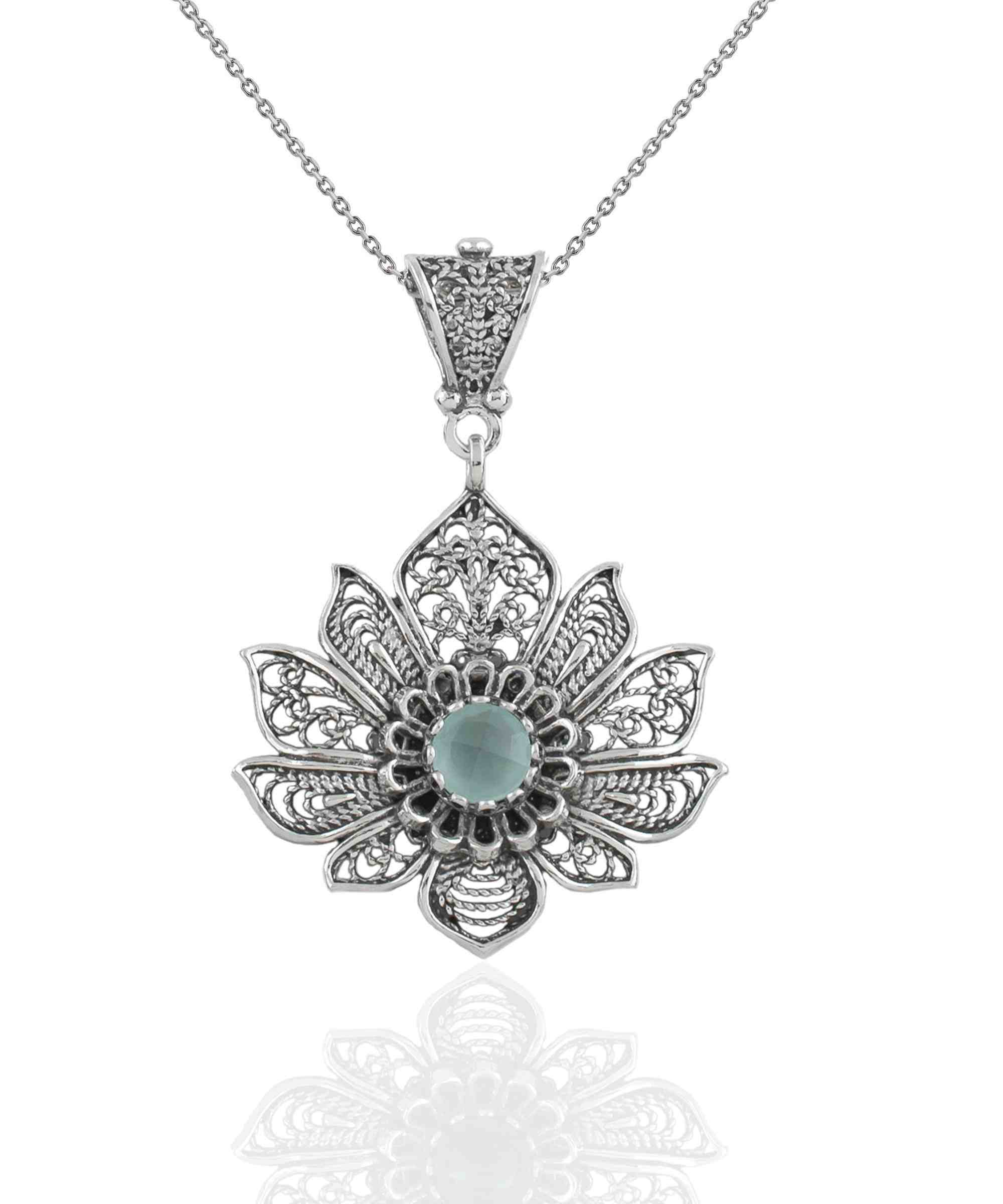 Handcrafted 925 Sterling Silver lotus flower pendant necklace with aqua chalcedony gemstone, featuring intricate filigree details.