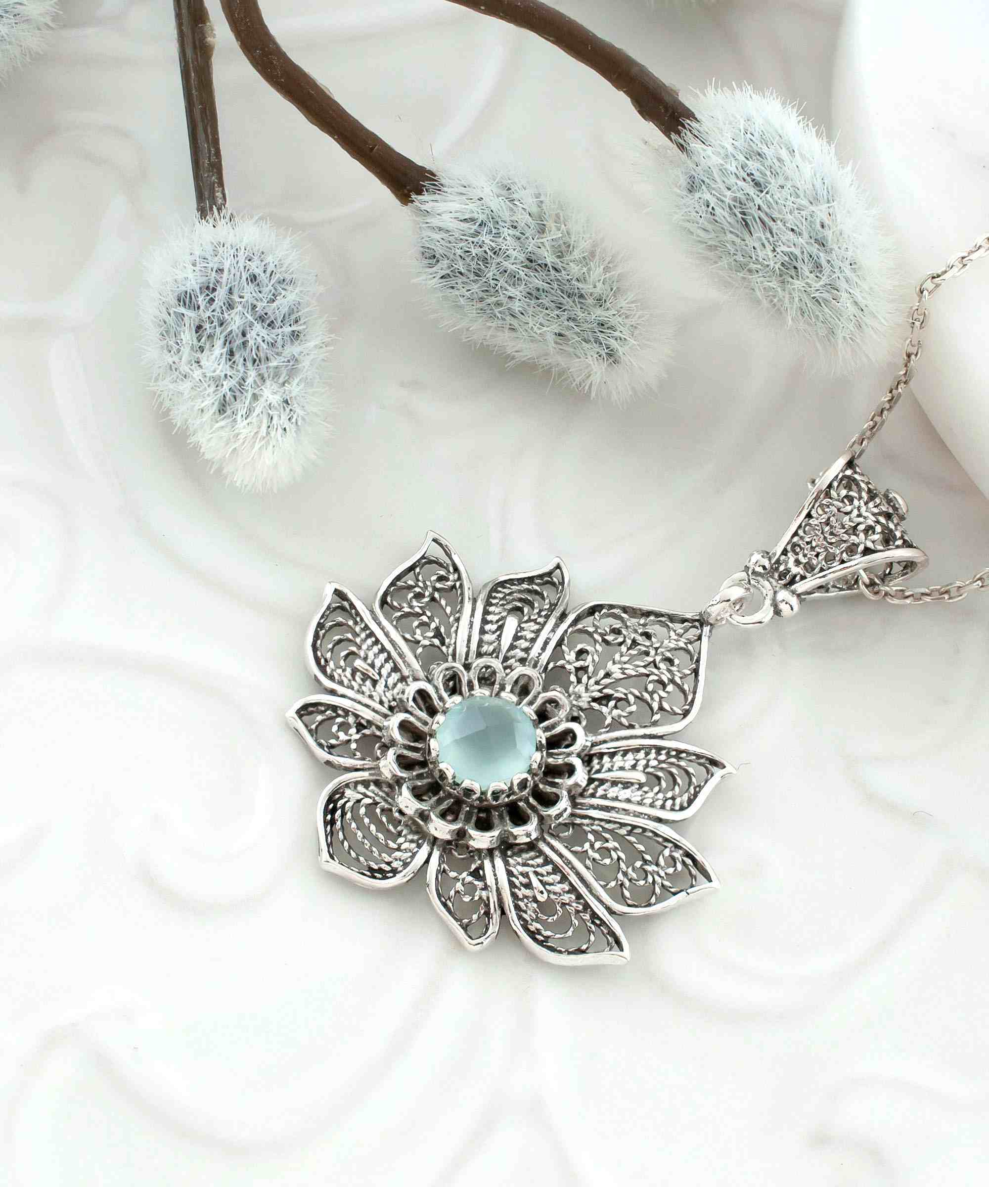 Handcrafted 925 Sterling Silver lotus flower pendant necklace with aqua chalcedony gemstone, featuring intricate filigree details.