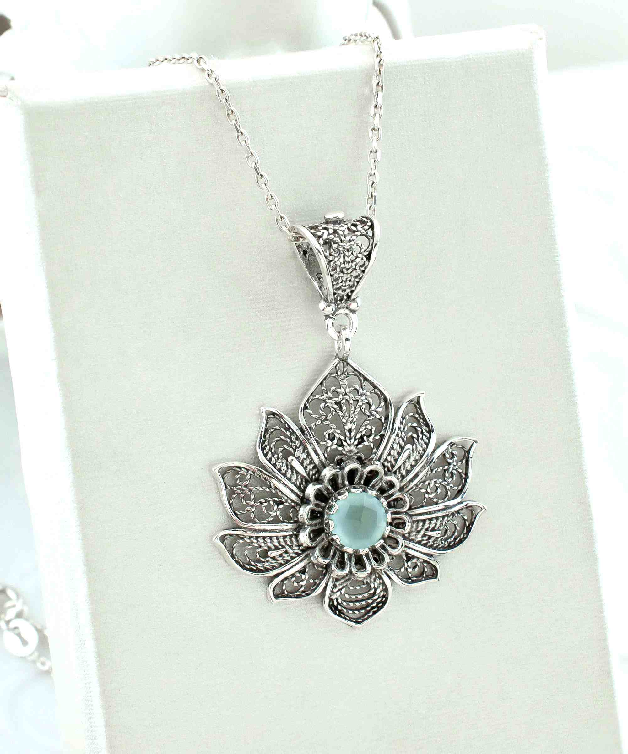 Handcrafted 925 Sterling Silver lotus flower pendant necklace with aqua chalcedony gemstone, featuring intricate filigree details.