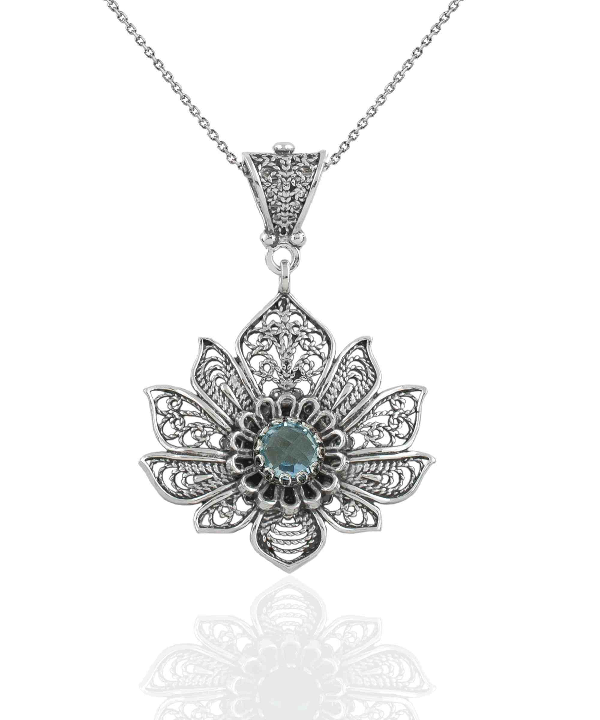 Handcrafted 925 Sterling Silver Lotus Flower Pendant with Blue Topaz gemstone, showcasing intricate filigree design.